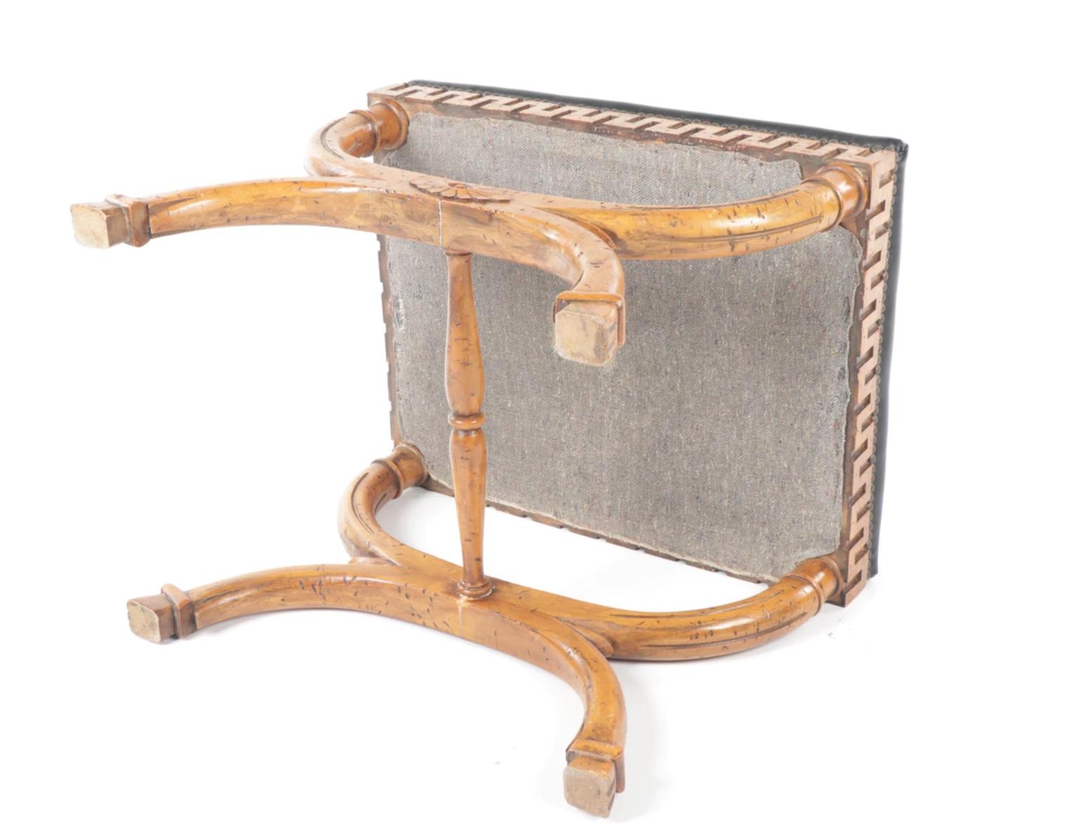 20th Century Classical Form Fruitwood Curule Stool Bench Greek Key Carved Apron For Sale