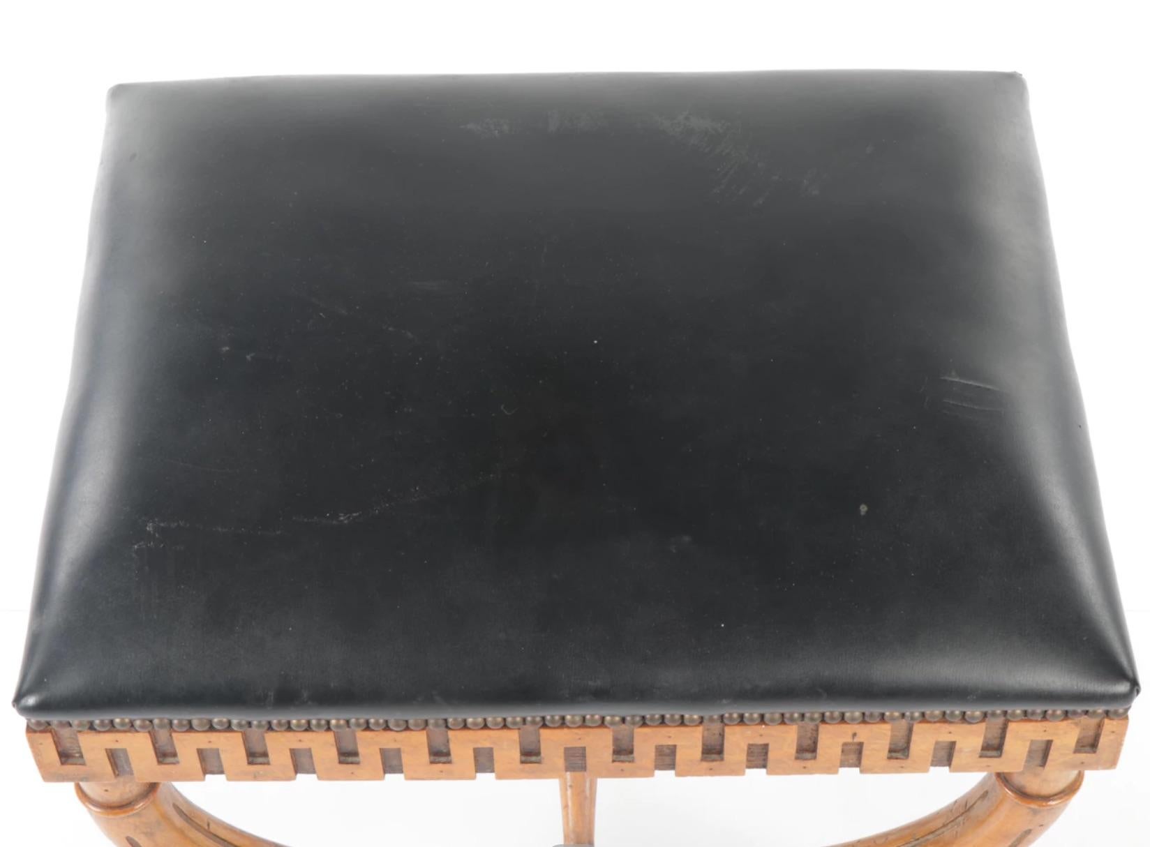 Classical Form Fruitwood Curule Stool Bench Greek Key Carved Apron For Sale 1