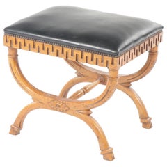 Classical Form Fruitwood Curule Stool Bench Greek Key Carved Apron