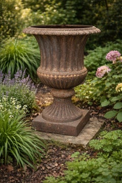 Classical Form Garden Urn, Cast Iron, Rusted Patina, Scalloped Rim, Fluted Body