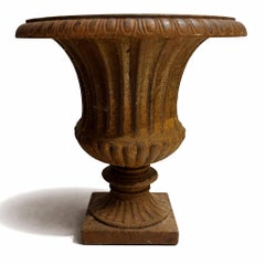 Classical Form Garden Urn, Cast Iron, Rusted Patina, Scalloped Rim, Fluted Body