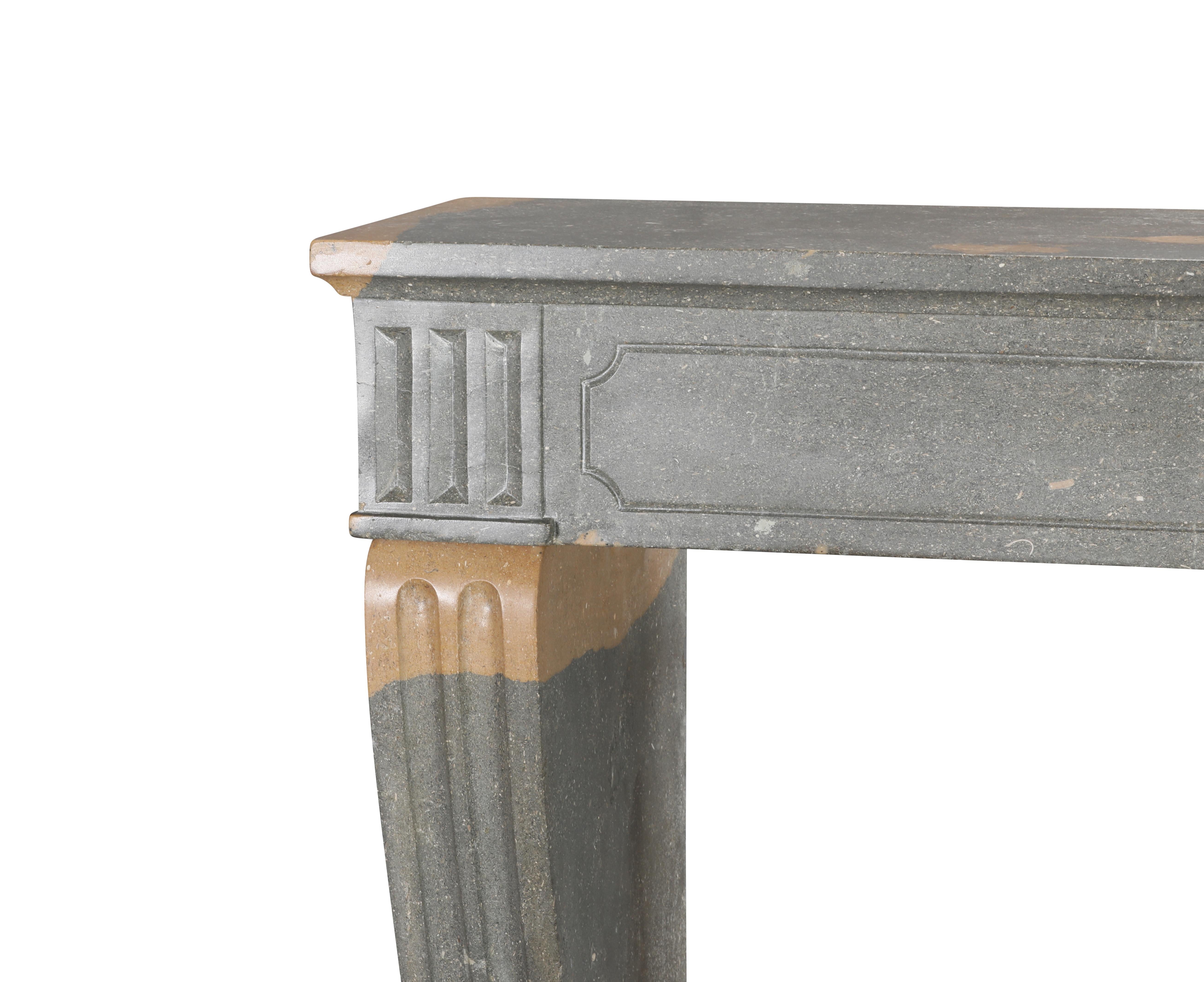 Classical French Antique Fireplace Mantel in Grey-Green Stone With Warm Accents In Excellent Condition For Sale In Beervelde, BE