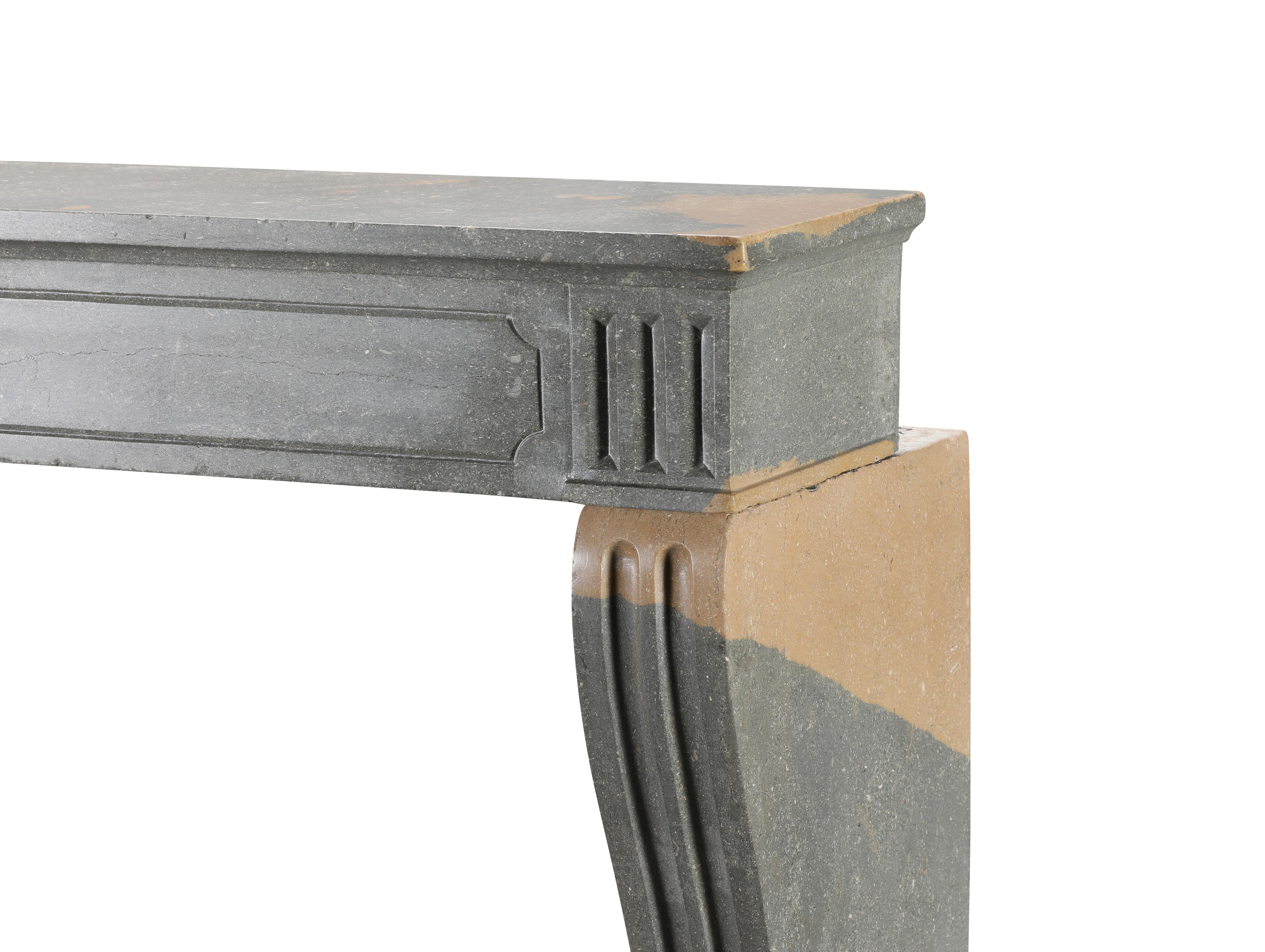 Classical French Antique Fireplace Mantel in Grey-Green Stone With Warm Accents For Sale 1