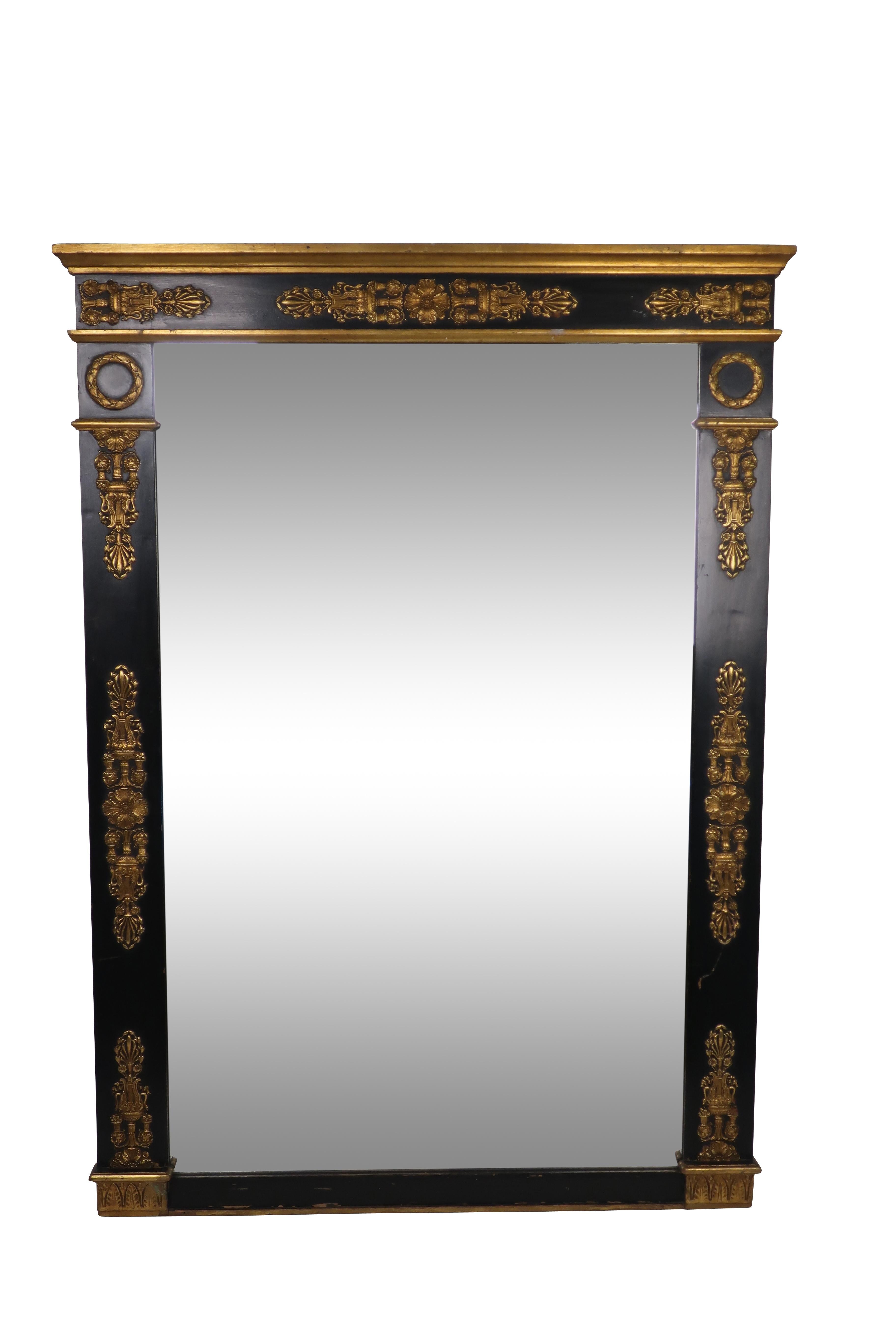 Neoclassical French Empire style mirror, black ebonized with gold gesso border from the Herbert Hoover Suite of the Waldorf Astoria
Size: 50.5