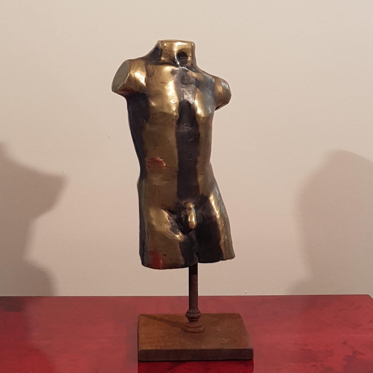 Decorative golden bronze man nude sculpture 1950s from Italy, mid-20th century. A well detailed piece, in very good condition. No structural damages, No restoration needed. A video is available upon request. We have add the base which is made in