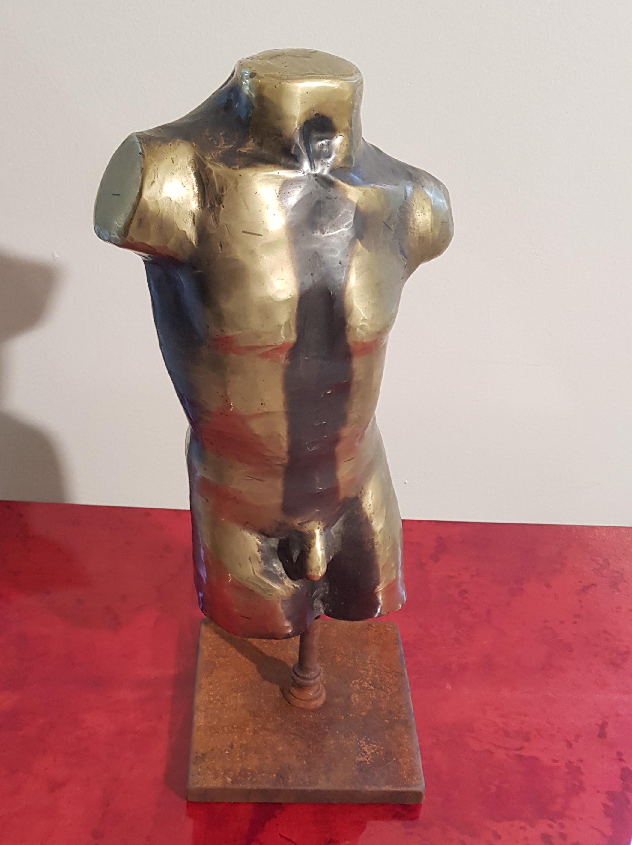 Italian Classical Golden Bronze Man Nude Sculpture on a Cast Iron Base, Italy, 1950s