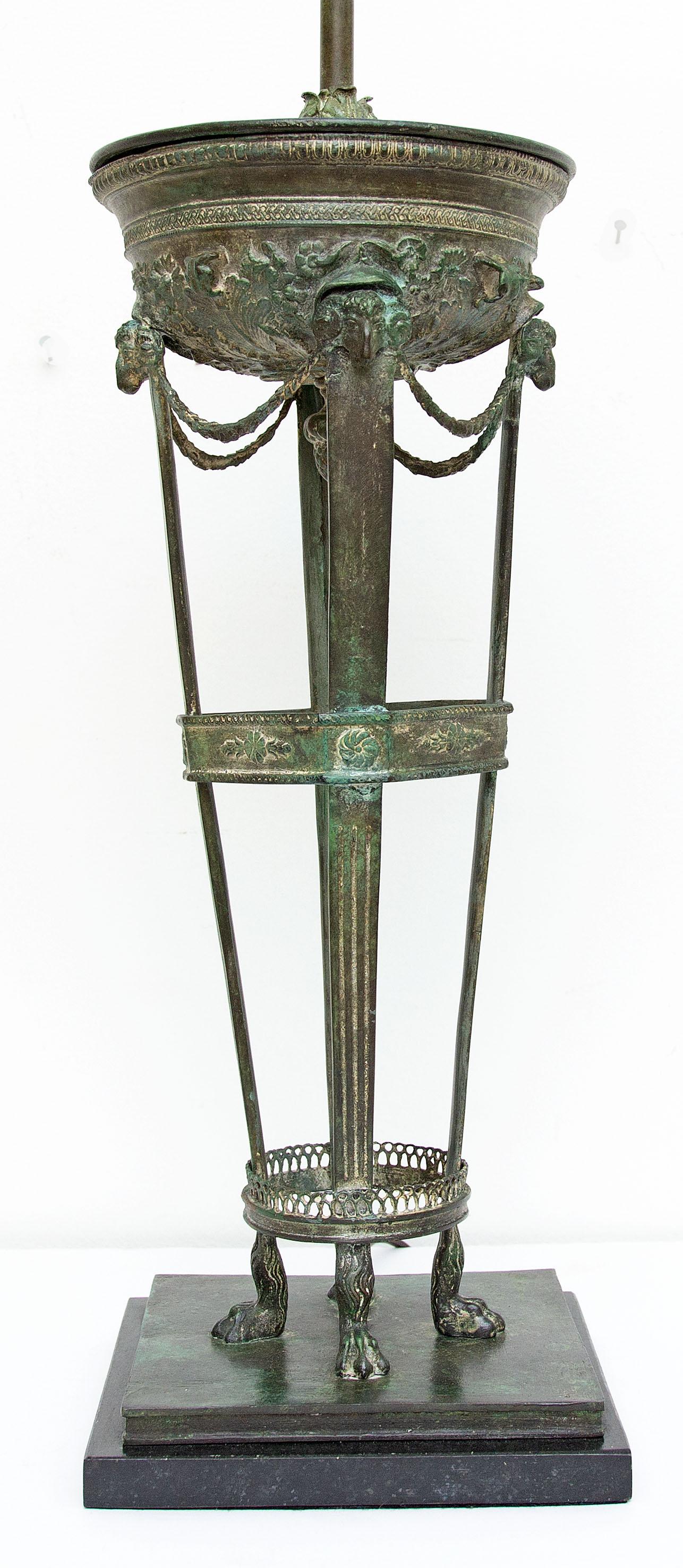 Vintage patinated bronze and marble grand tour style lamp. Antique verdigris finish, mid-20th century.