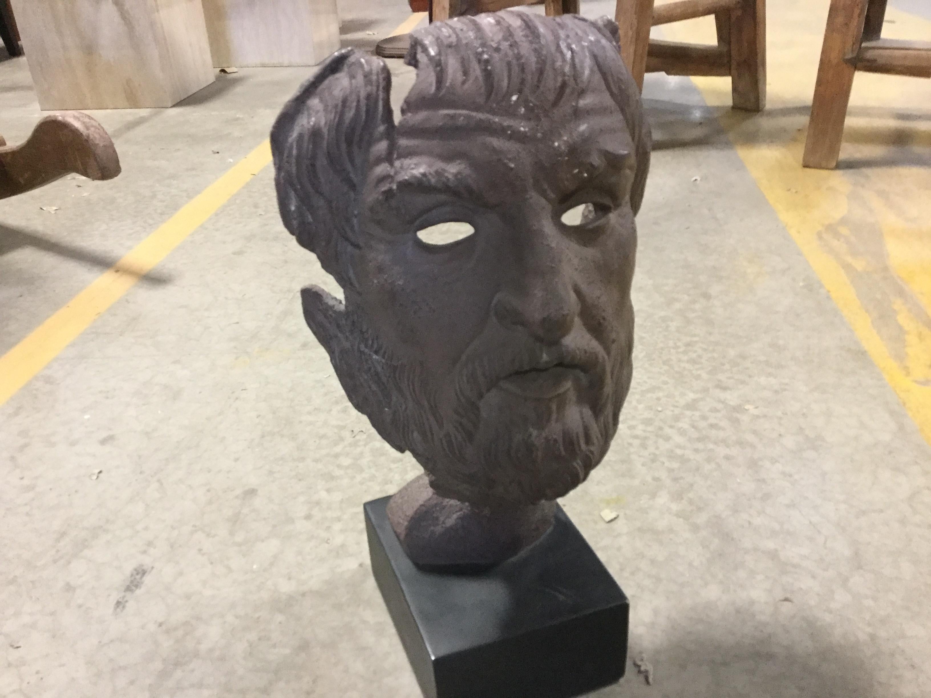 Classical Greek sculpture of Sophocles  head,  mounted. Cast iron, and paint. Original was bronze.