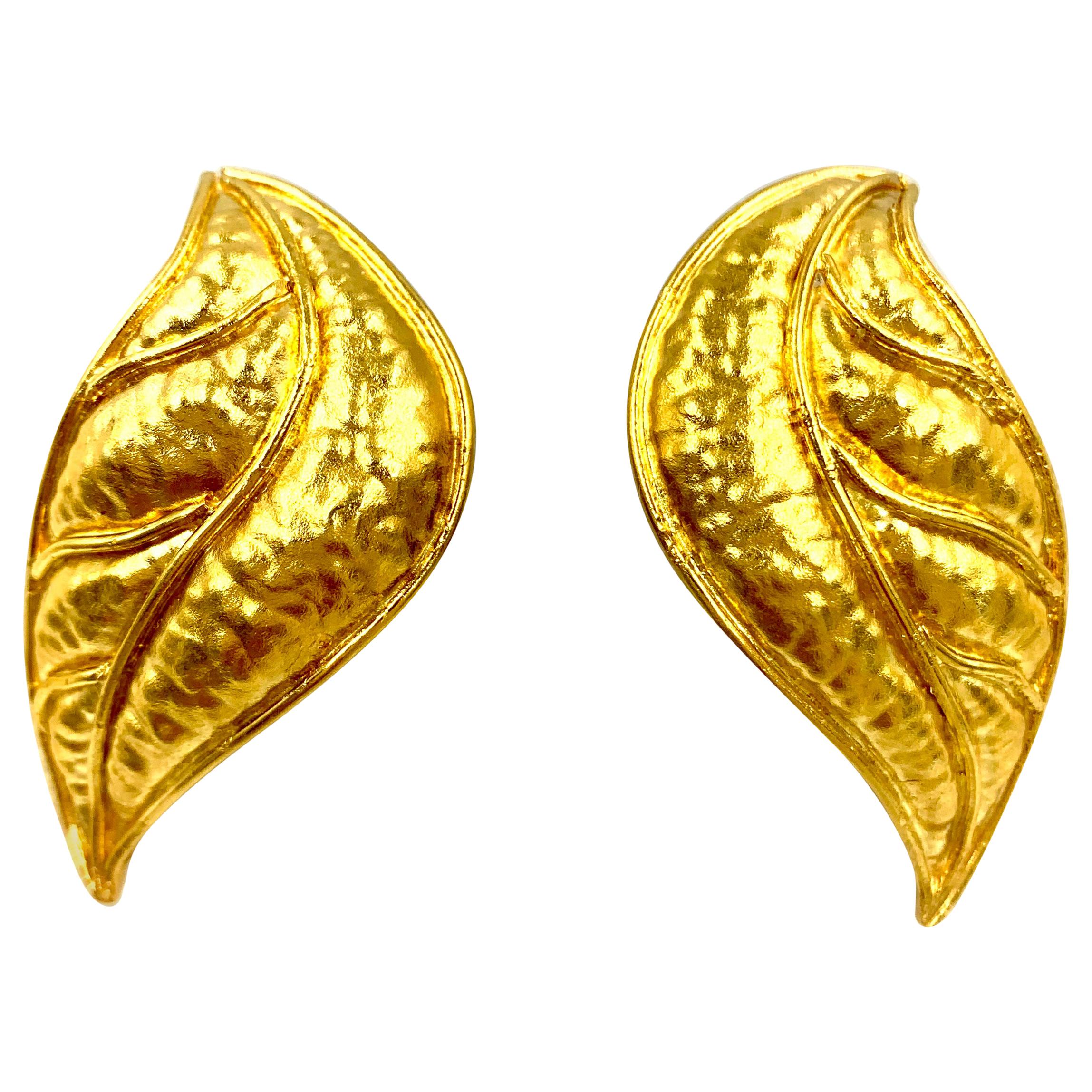 Classic Archaeological Style Large Hand Hammered 18K Gold Laurel Leaf Earrings