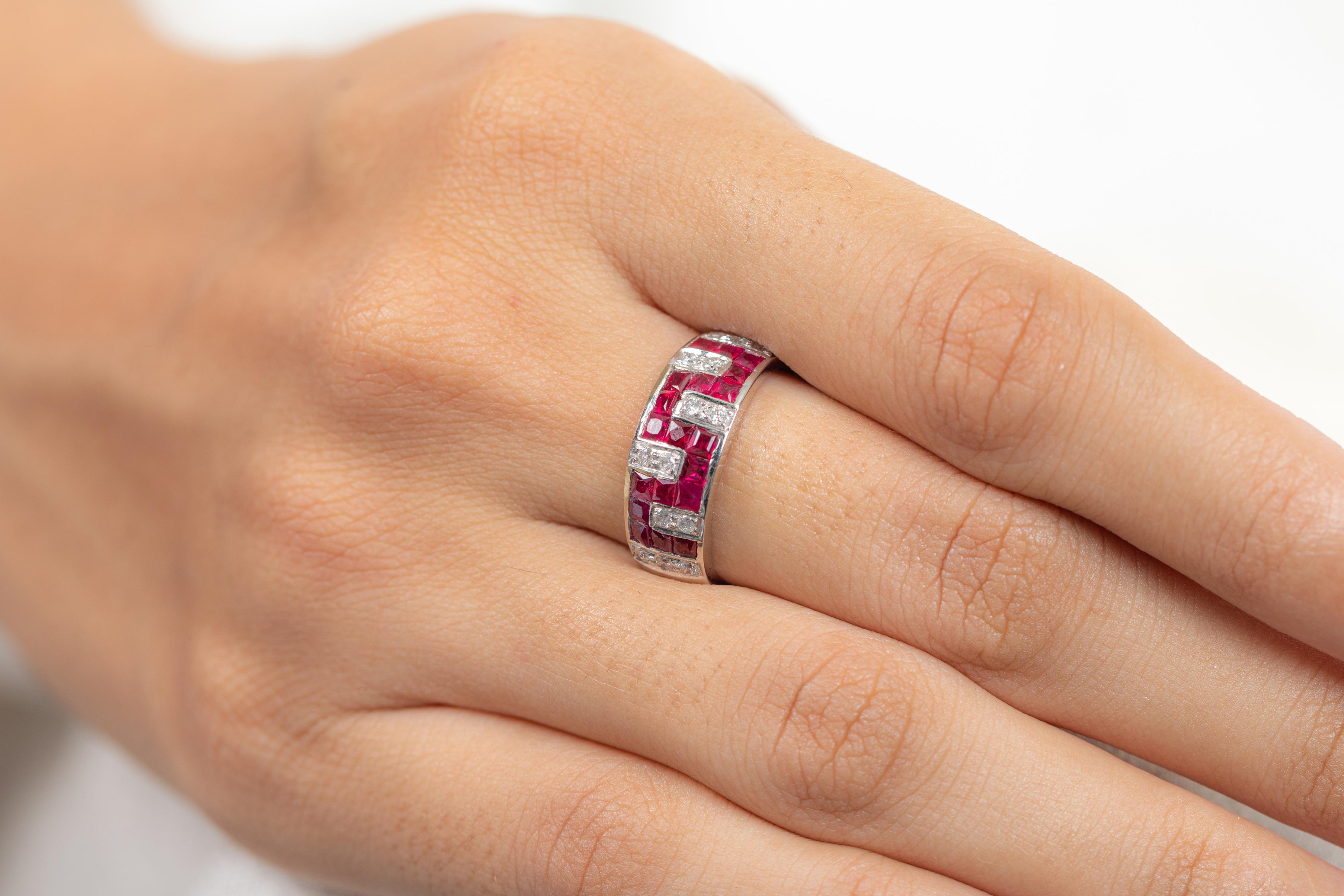 For Sale:  Classical Greek Style Ruby Diamond Band Ring in 18K Solid White Gold  2