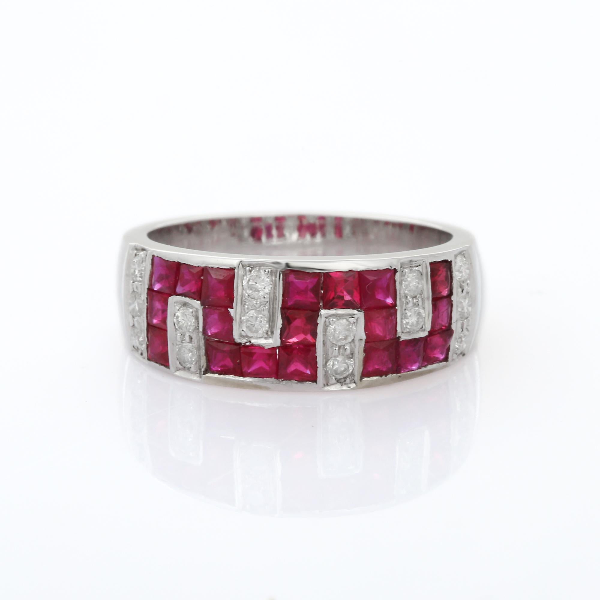 For Sale:  Classical Greek Style Ruby Diamond Band Ring in 18K Solid White Gold  9