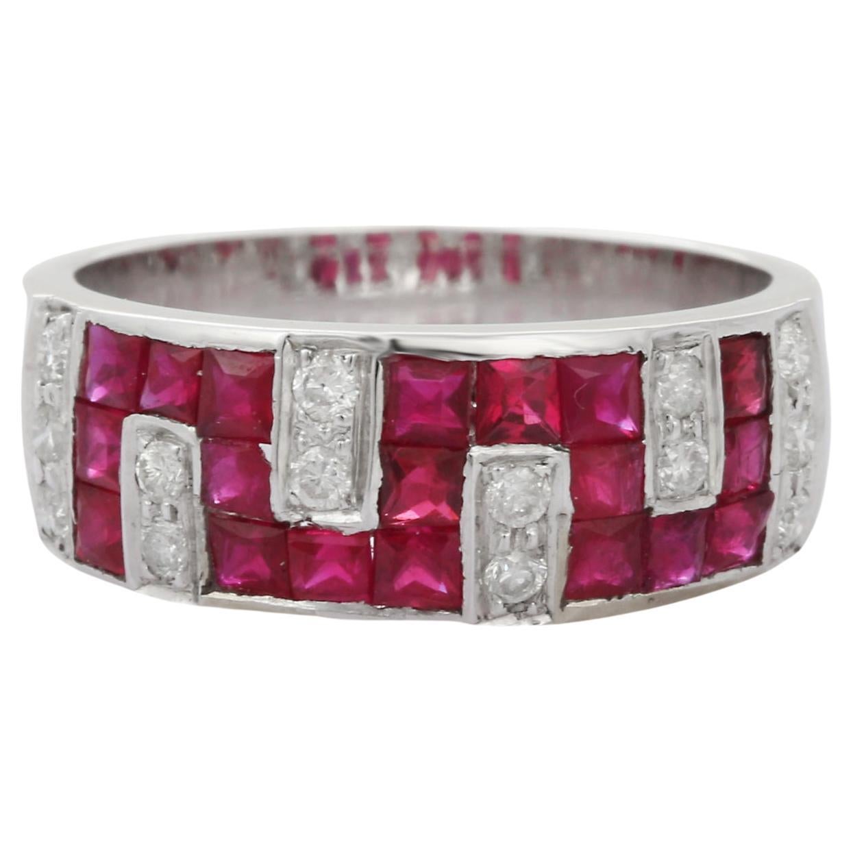 Classical Greek Style Ruby Diamond Band Ring in 18K Solid White Gold 