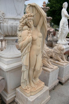 Classical Hand Carved Aged White Marble Statue of Woman with Boy