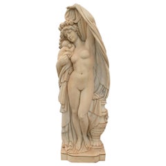 Classical Hand Carved Aged White Marble Statue of Woman with Boy