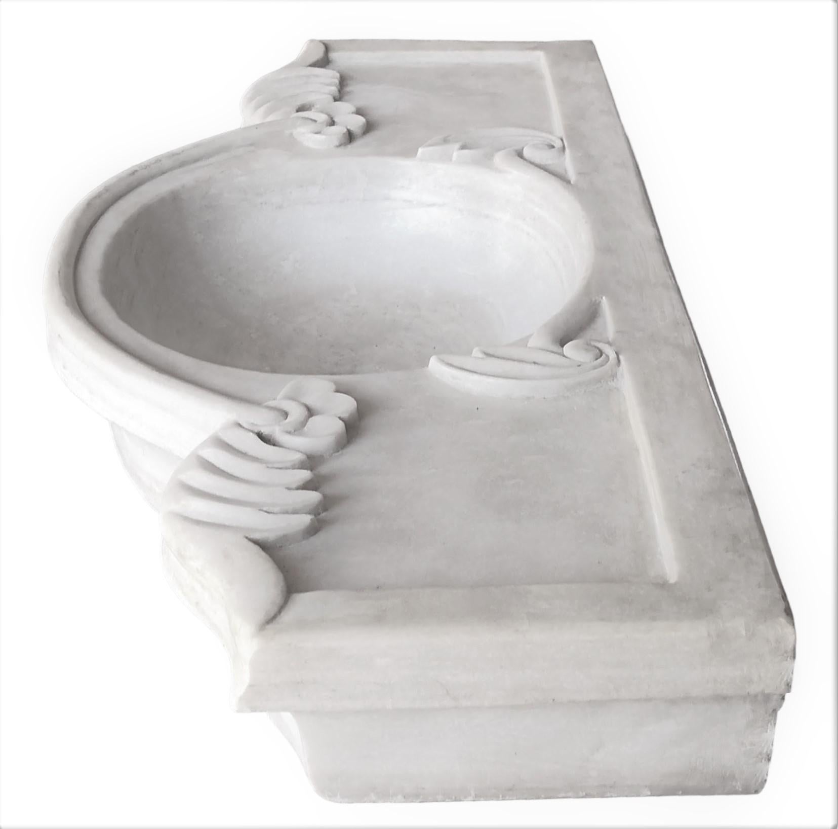 Classical Hand Carved Marble Sink Basin
This timeless beautiful Italian classical sink is hand cut from one single block of white marble, these designs have not changed since Greek and Roman times and carries superb artistic merit easily fitting in