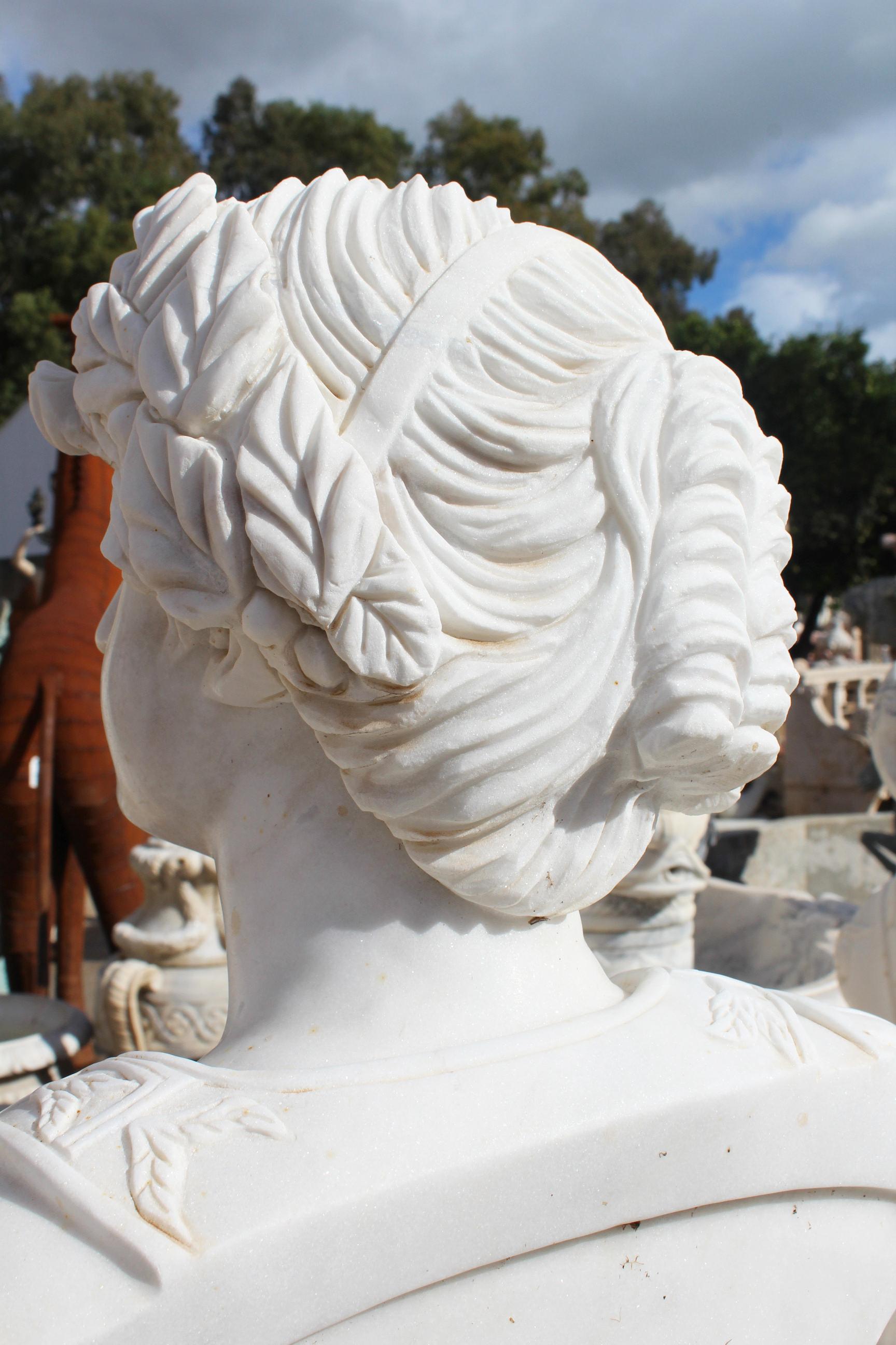 20th Century Classical Hand Carved White Marble Female Bust For Sale
