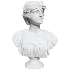 Classical Hand Carved White Marble Female Bust