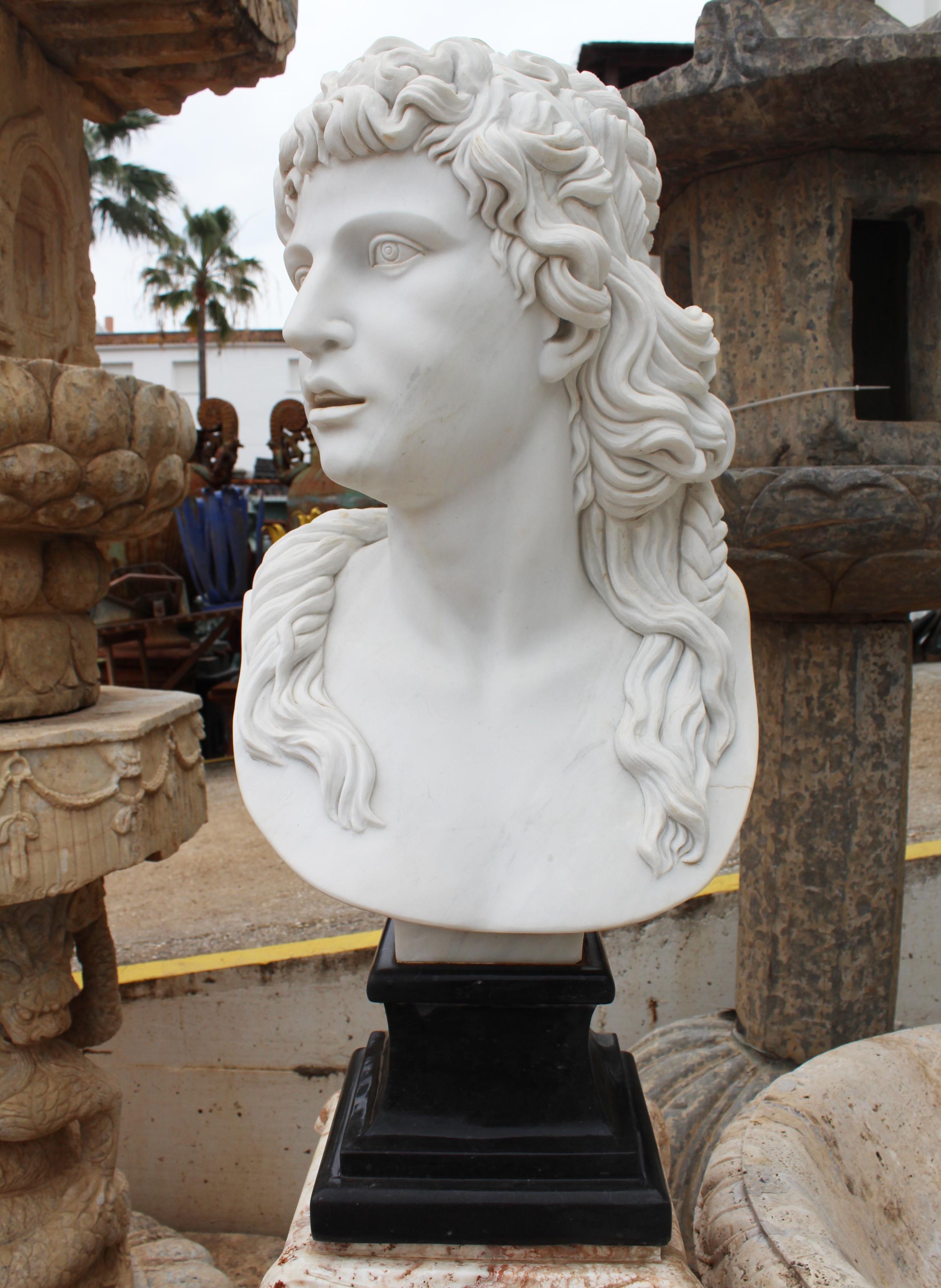 Buste classique de femme en marbre blanc sculpté à la main avec base en marbre noir.