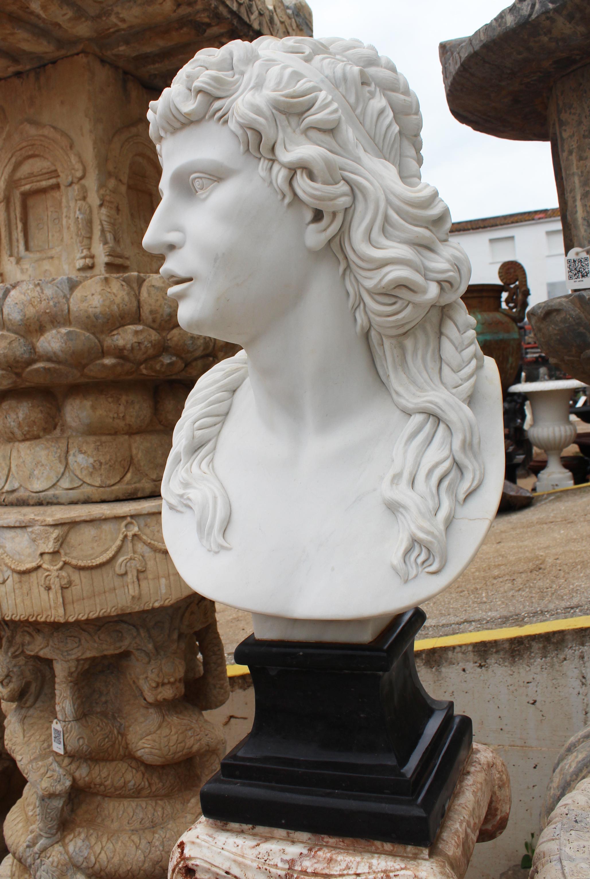 italien Buste féminin classique en marbre blanc sculpté à la main avec socle en marbre noir en vente