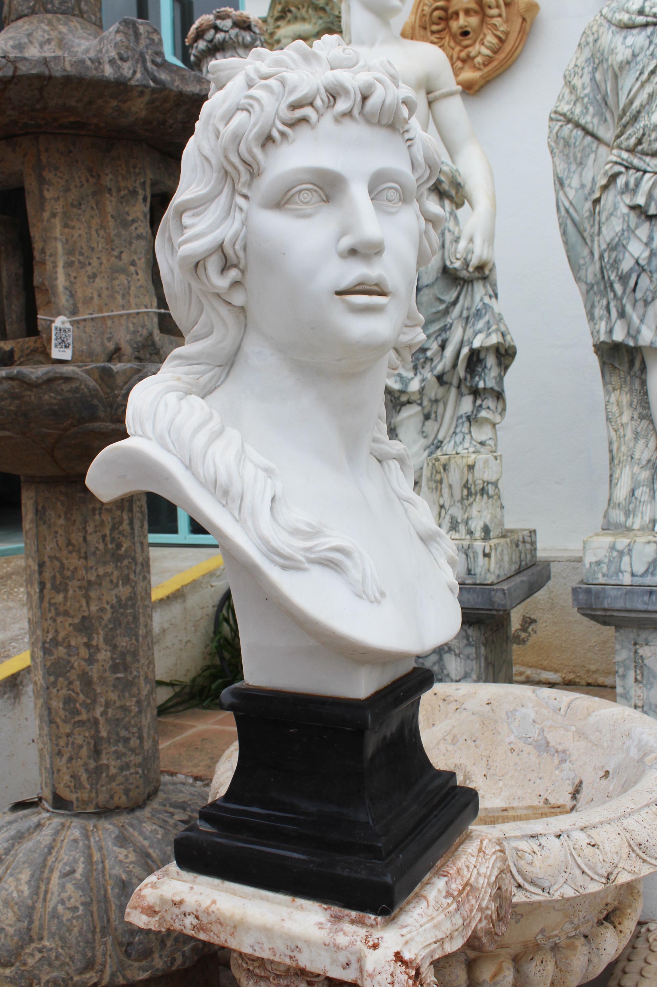Sculpté à la main Buste féminin classique en marbre blanc sculpté à la main avec socle en marbre noir en vente