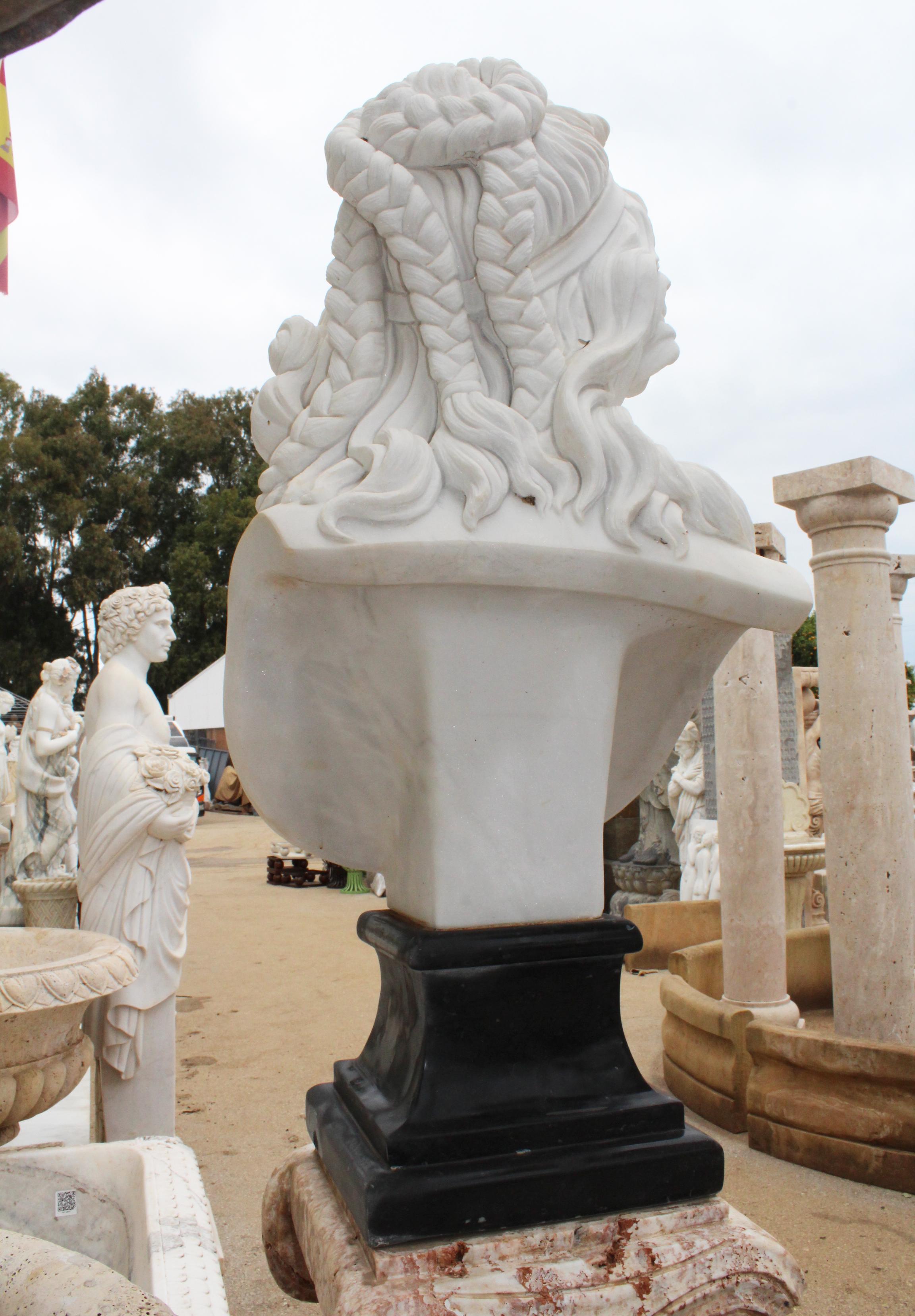 Hand-Carved Classical Hand Carved White Marble Female Bust with Black Marble Base For Sale