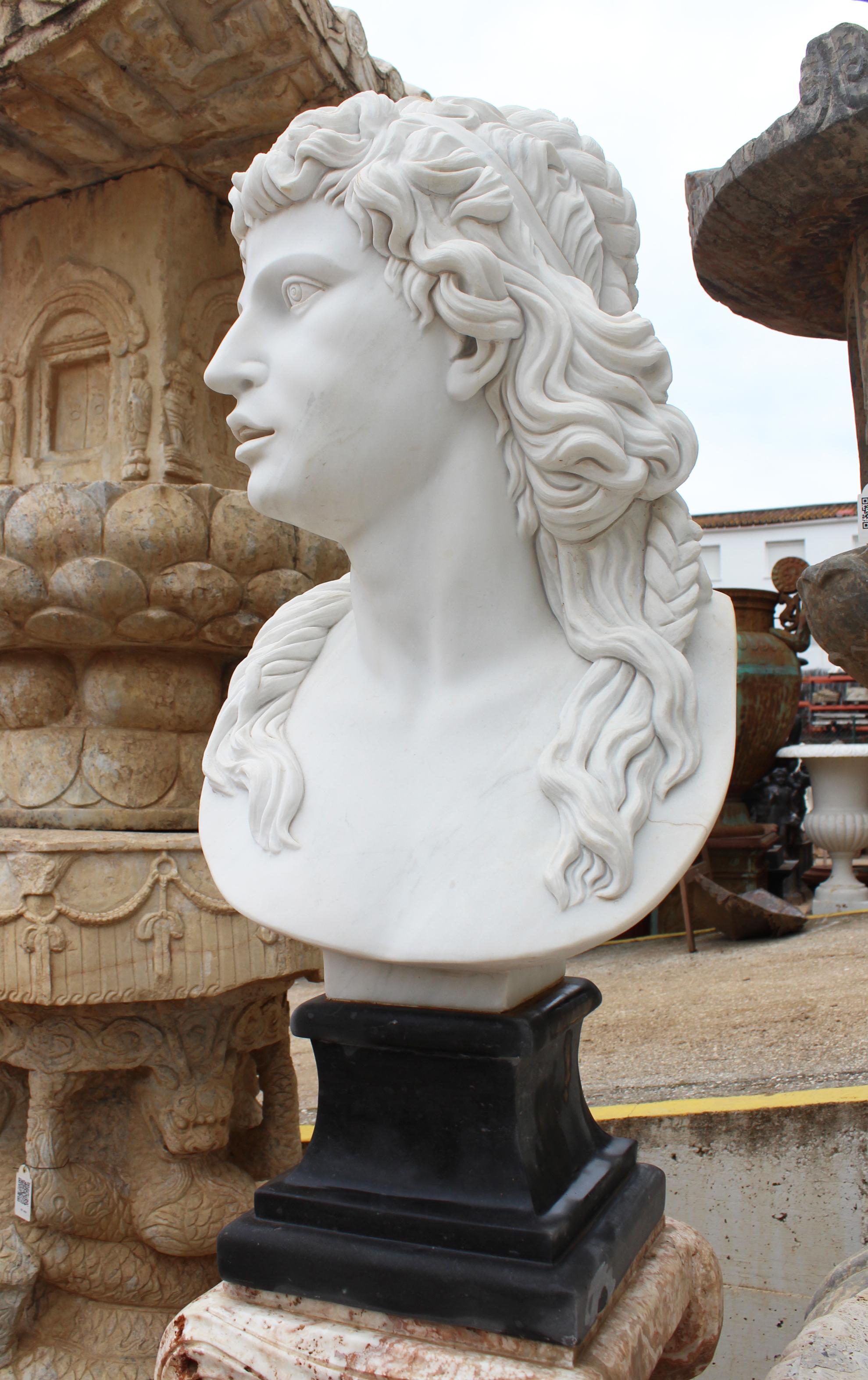 Buste féminin classique en marbre blanc sculpté à la main avec socle en marbre noir en vente 1