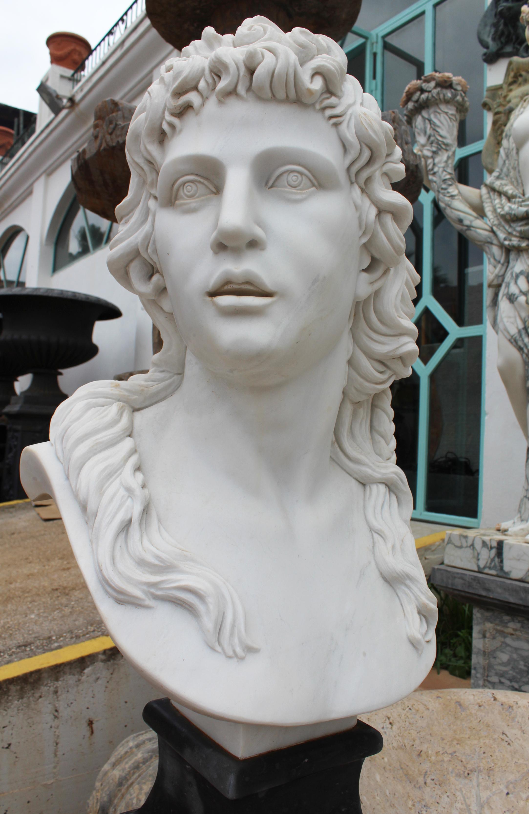 Busto femminile classico in marmo bianco scolpito a mano con base in marmo nero in vendita 2