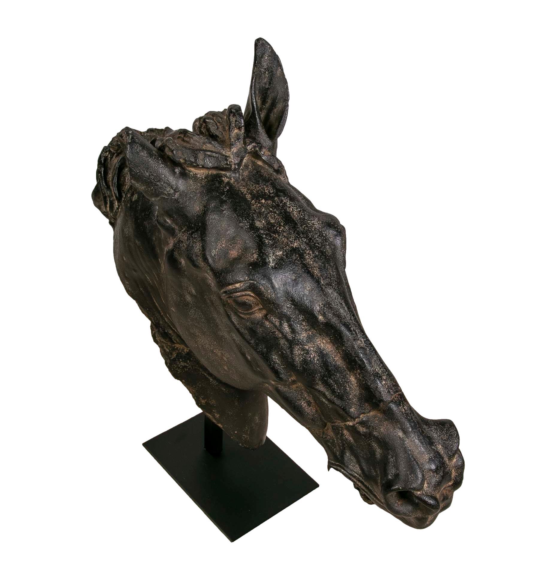 Classical Horse Bust in Resin Imitating Marble on Iron Pedestal 7