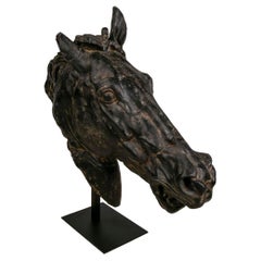 Classical Horse Bust in Resin Imitating Marble on Iron Pedestal