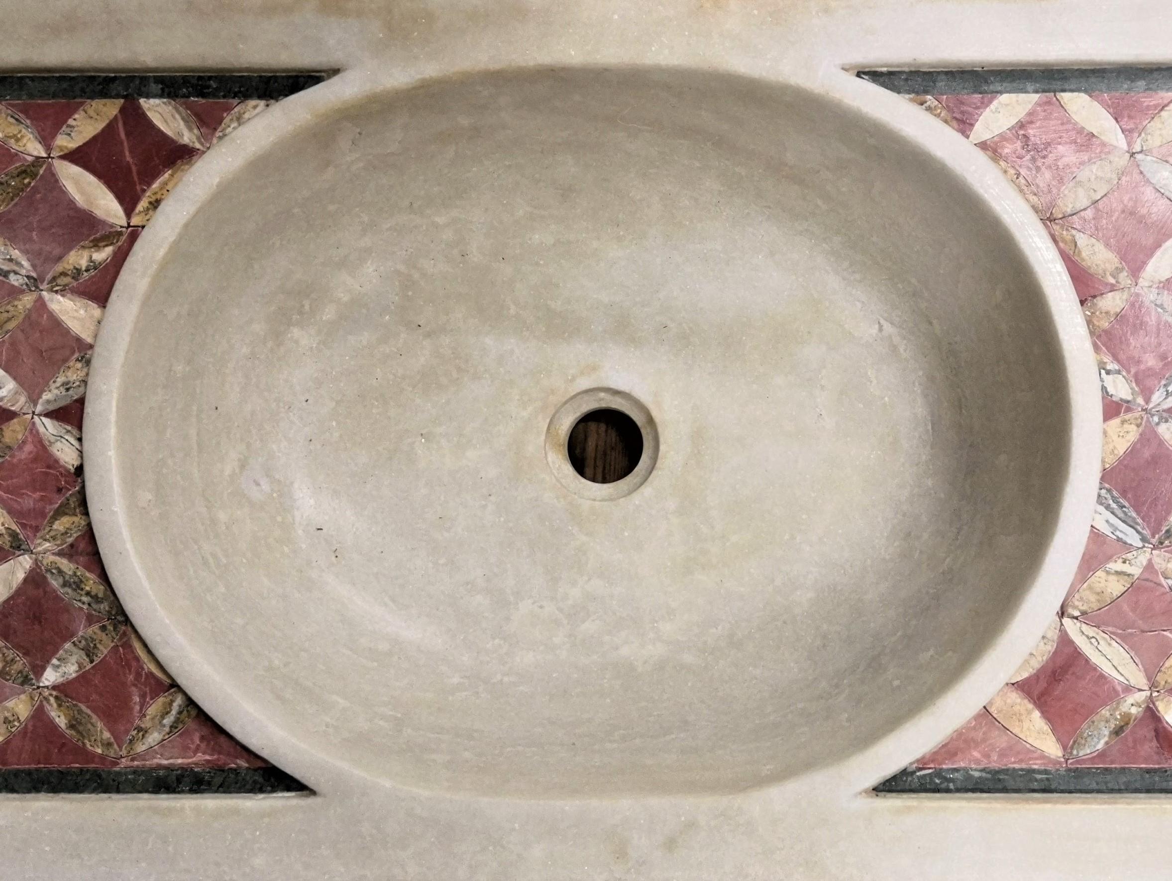 Classical Greek Classical Inlaid Carved Marble Stone Sink Basin For Sale
