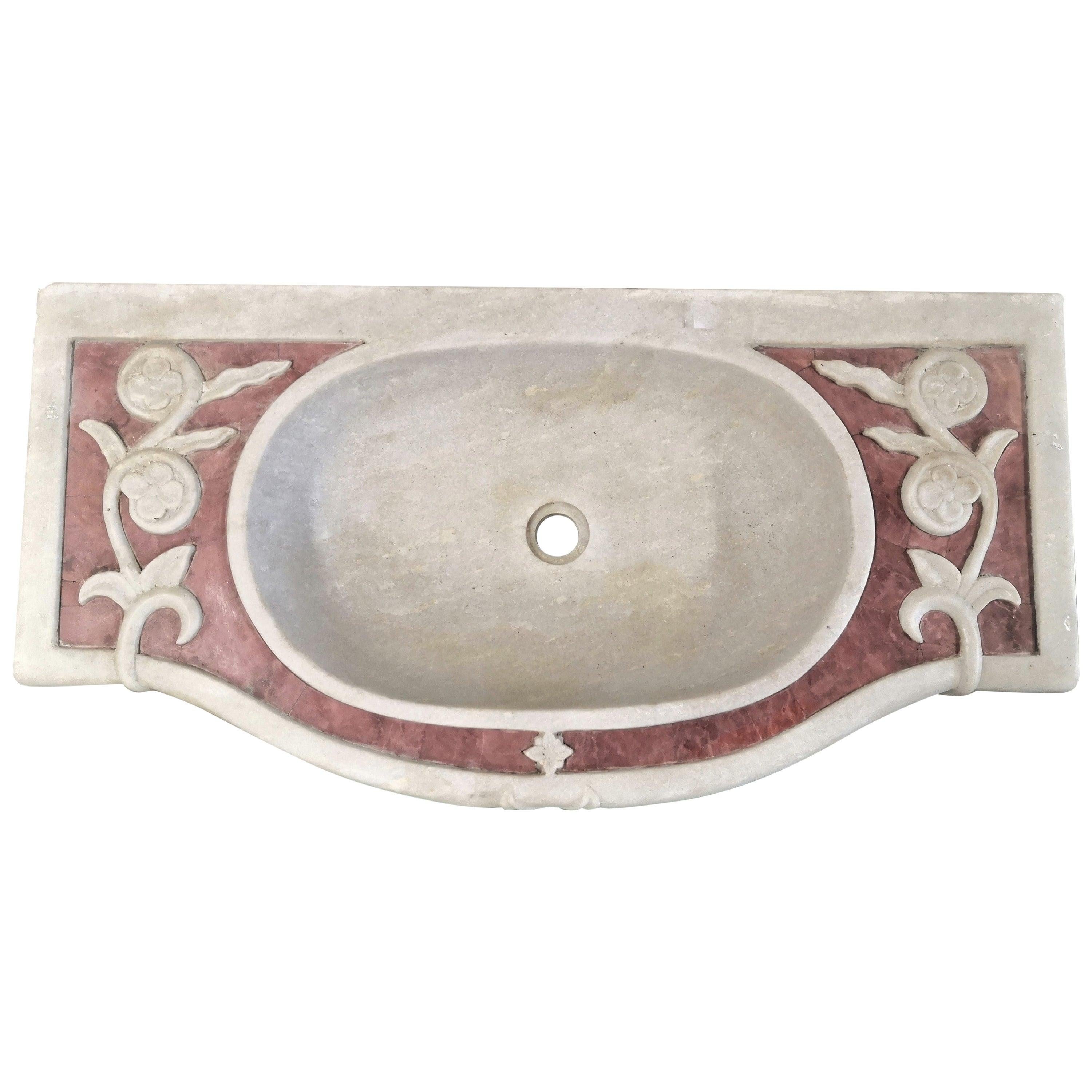 Classical Inlaid Carved Marble Stone Sink Basin For Sale