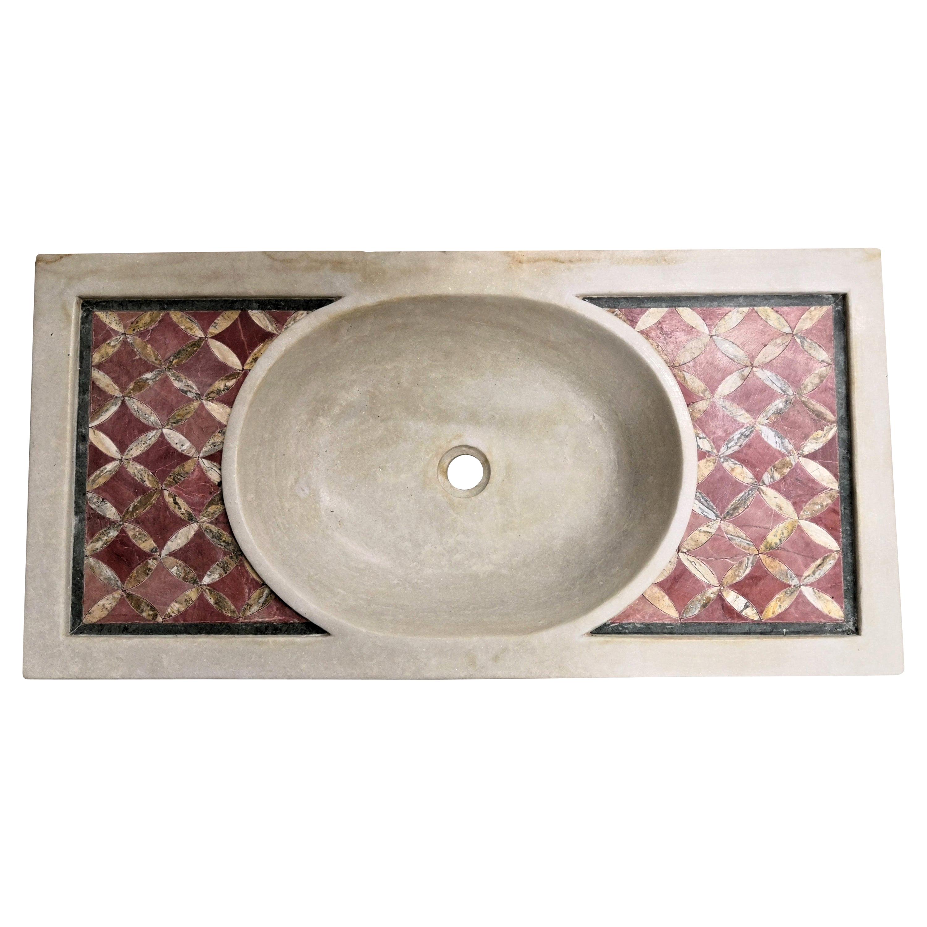 Classical Inlaid Carved Marble Stone Sink Basin For Sale