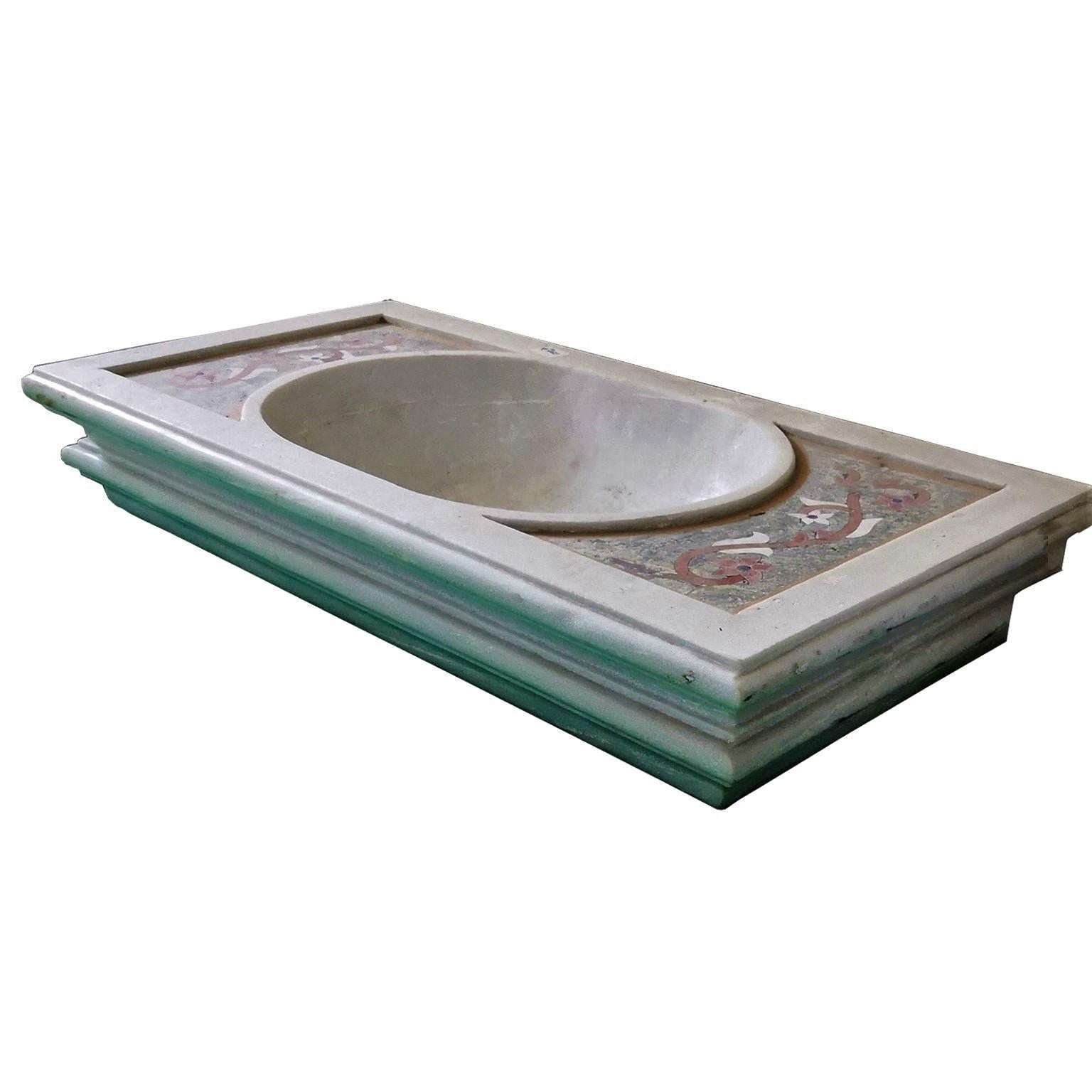 This timeless beautiful Italian classical sink is cut from one single block of white marble with poly chrome inlays, these designs have not changed since Greek and Roman times and carry superb artistic merit easily fitting in with old and new