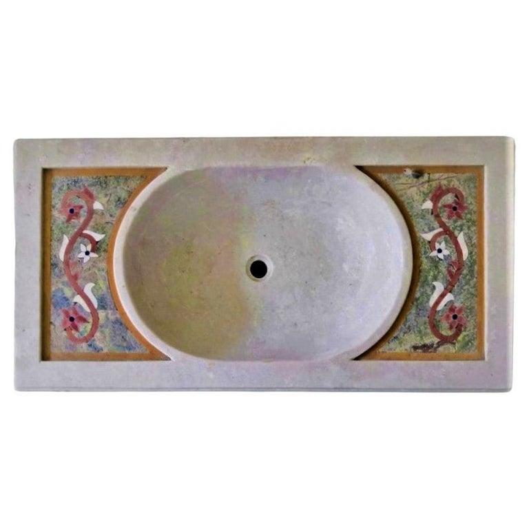 Classical Greek Classical Inlaid Marble Stone Sink Basin For Sale