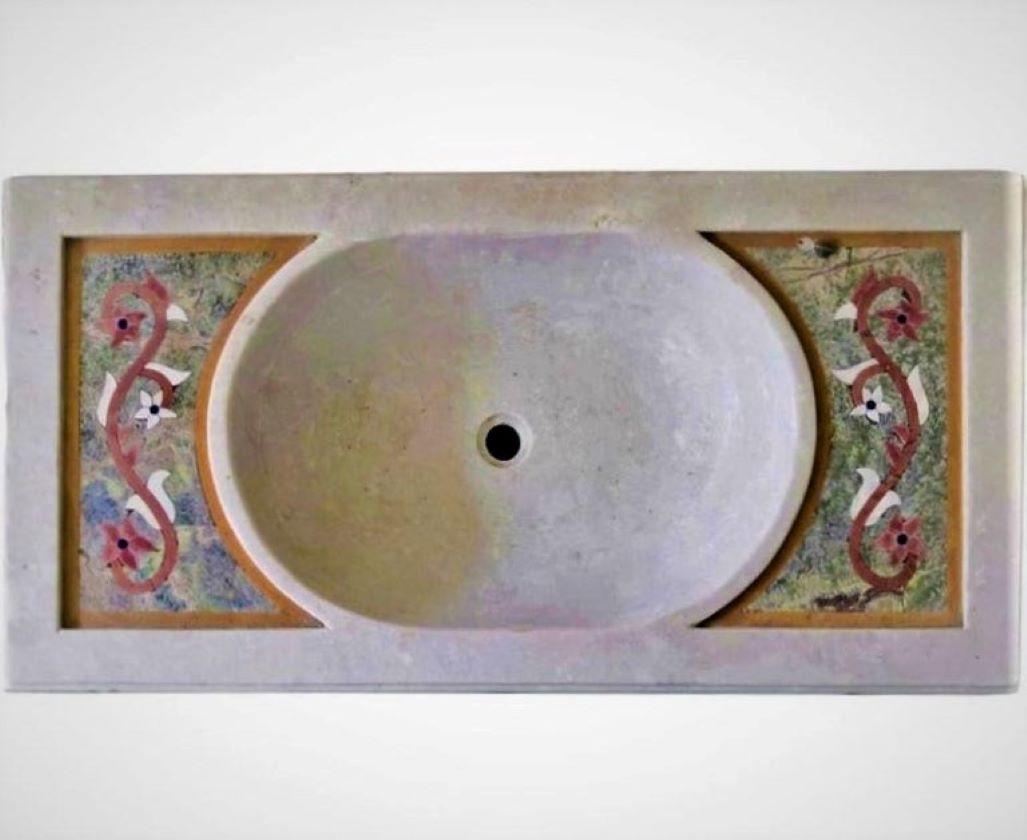 Italian Classical Inlaid Marble Stone Sink Basin For Sale