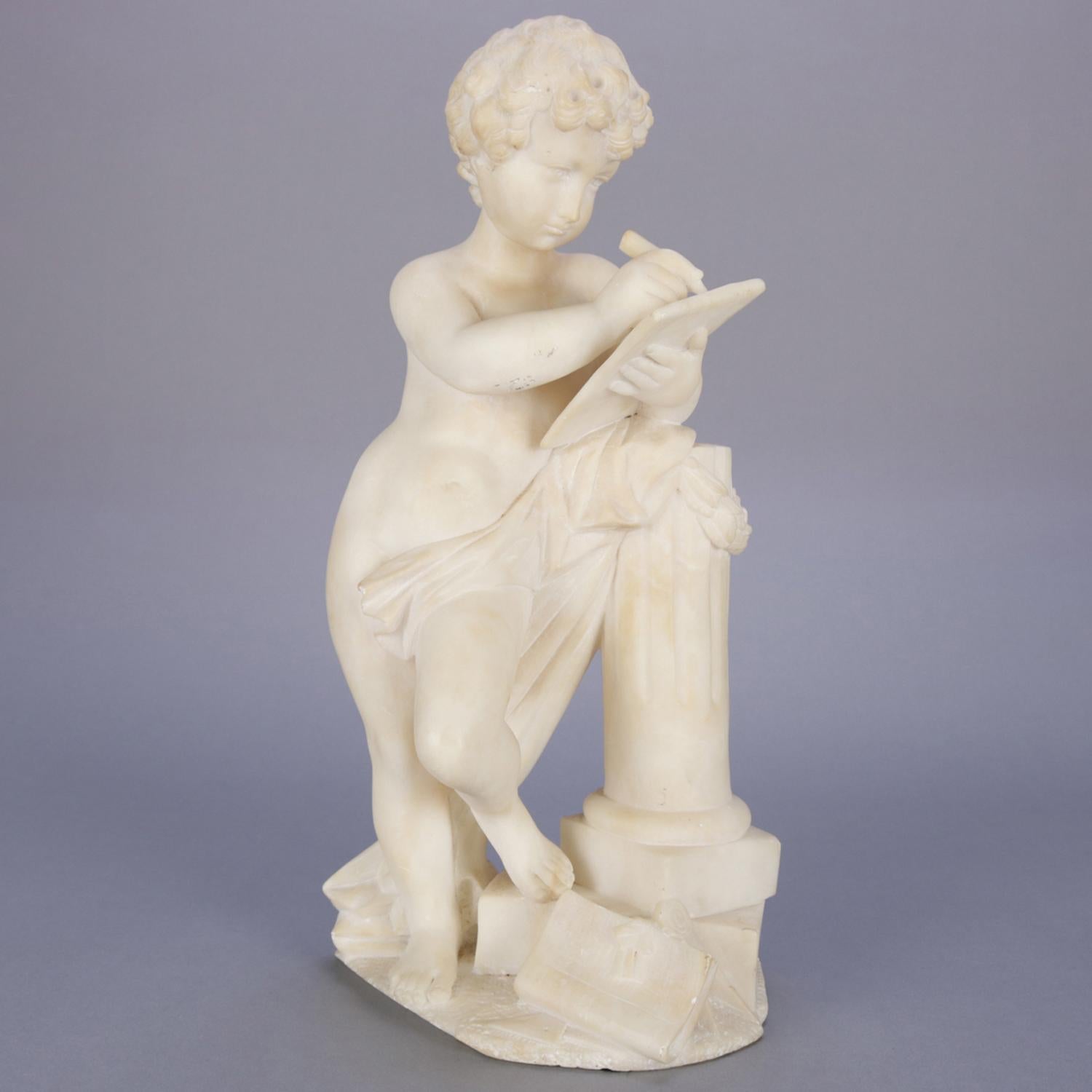 Classical Italian carved alabaster figural portrait sculpture features full length young boy poet or cherub resting against Corinthian column while composing, circa 1890.

Measures: 17.25