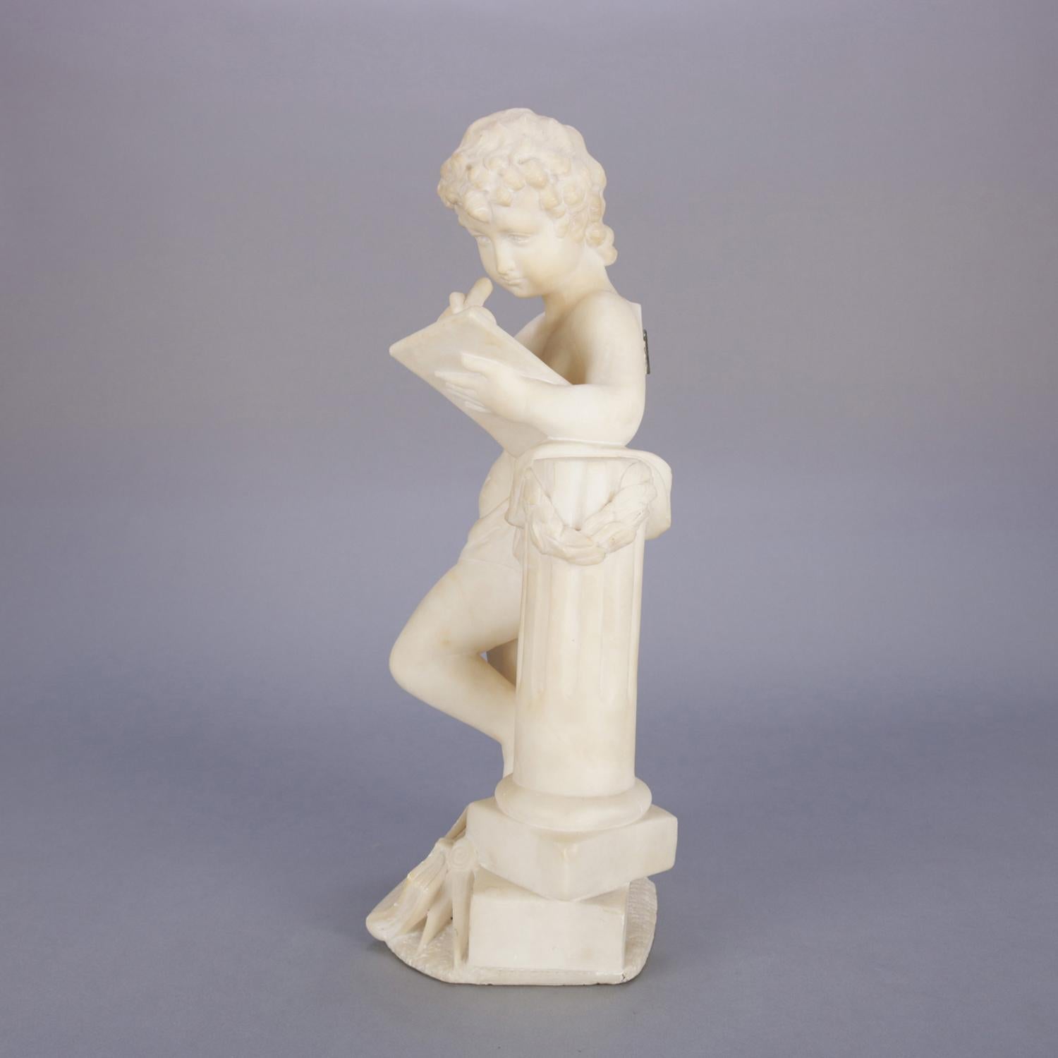Hand-Carved Classical Italian Carved Alabaster Figural Sculpture of a Child Poet, circa 1890