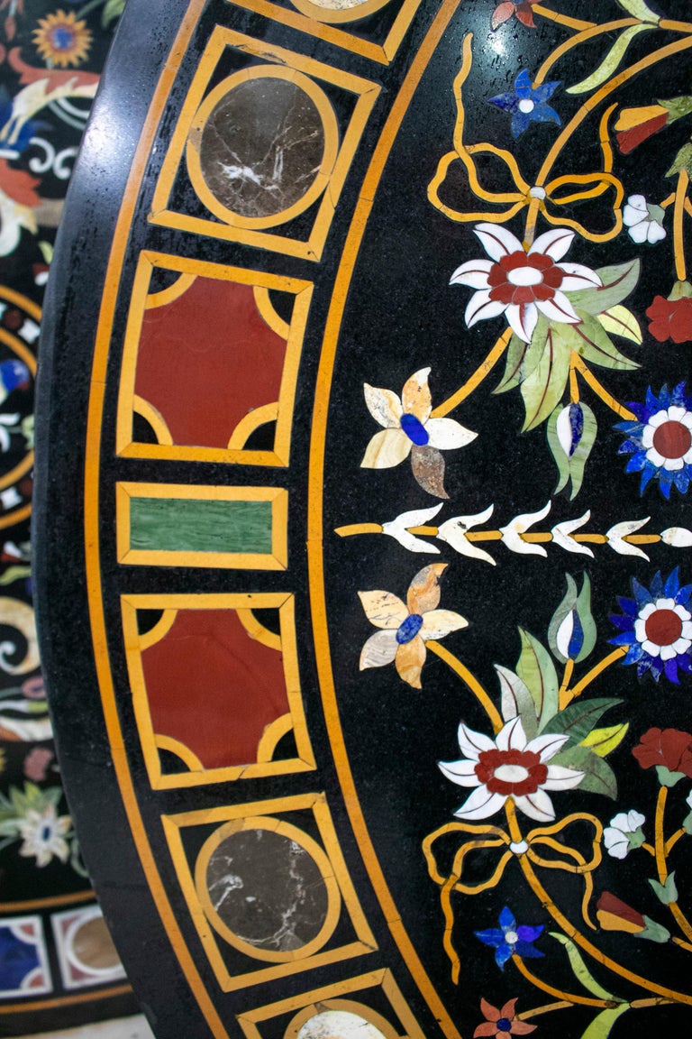 20th Century Classical Italian Pietra Dura Stone Mosaic Black Marble Round Table Top For Sale
