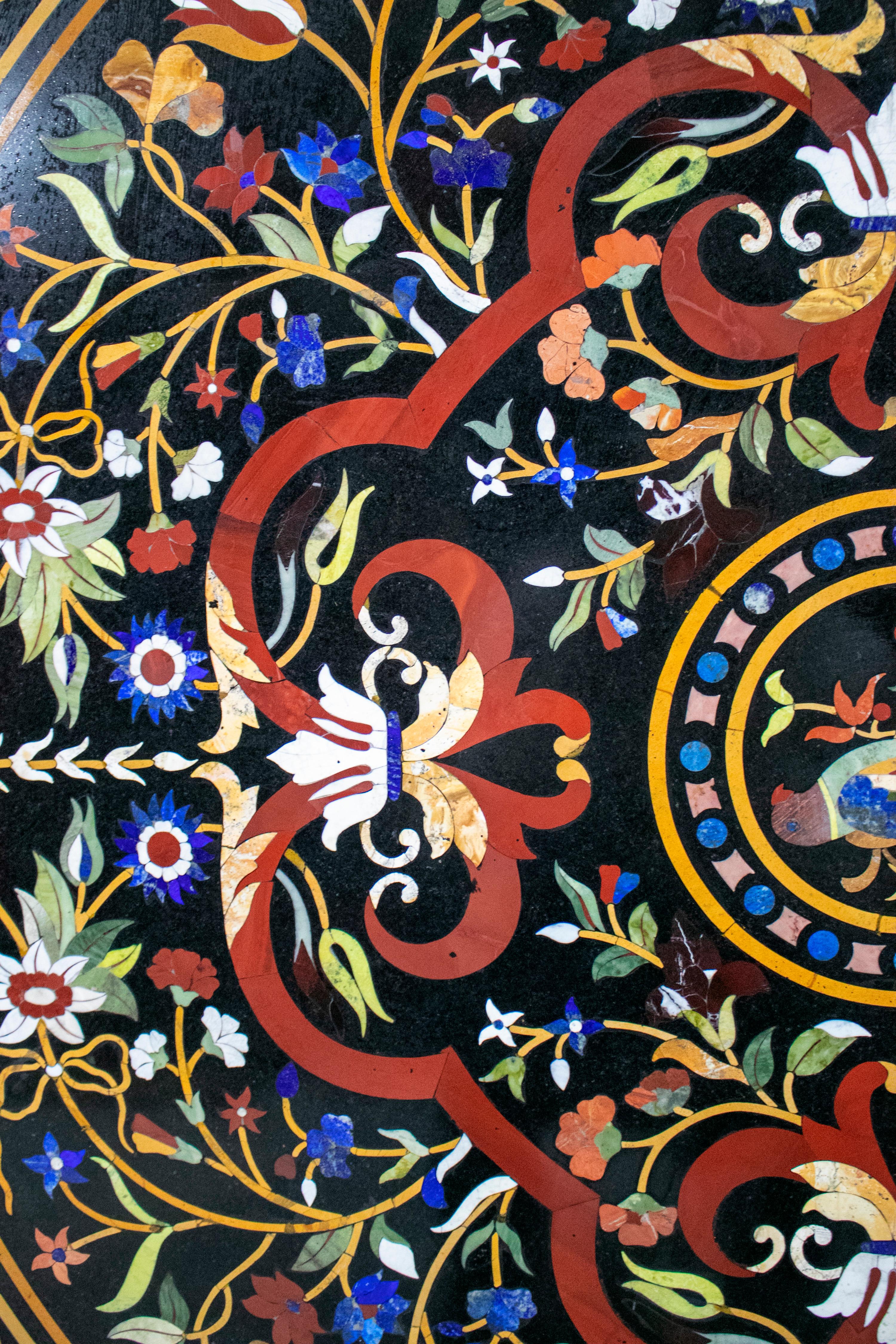 20th Century Classical Italian Pietra Dura Stone Mosaic Black Marble Round Table Top