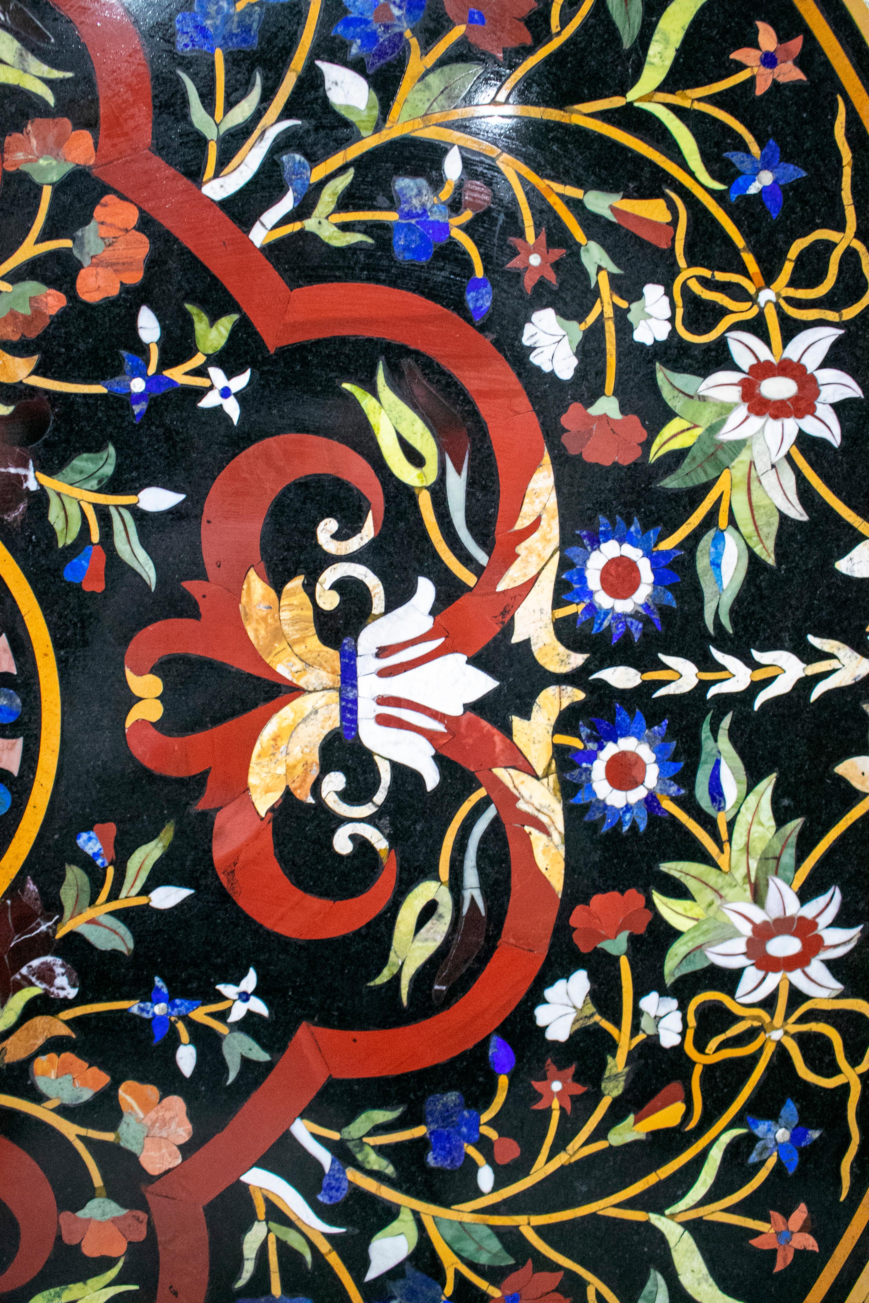 Classical Italian Pietra Dura Stone Mosaic Black Marble Round Table Top 1