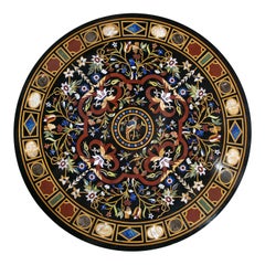 Classical Italian Pietra Dura Stone Mosaic Black Marble Round Table Top