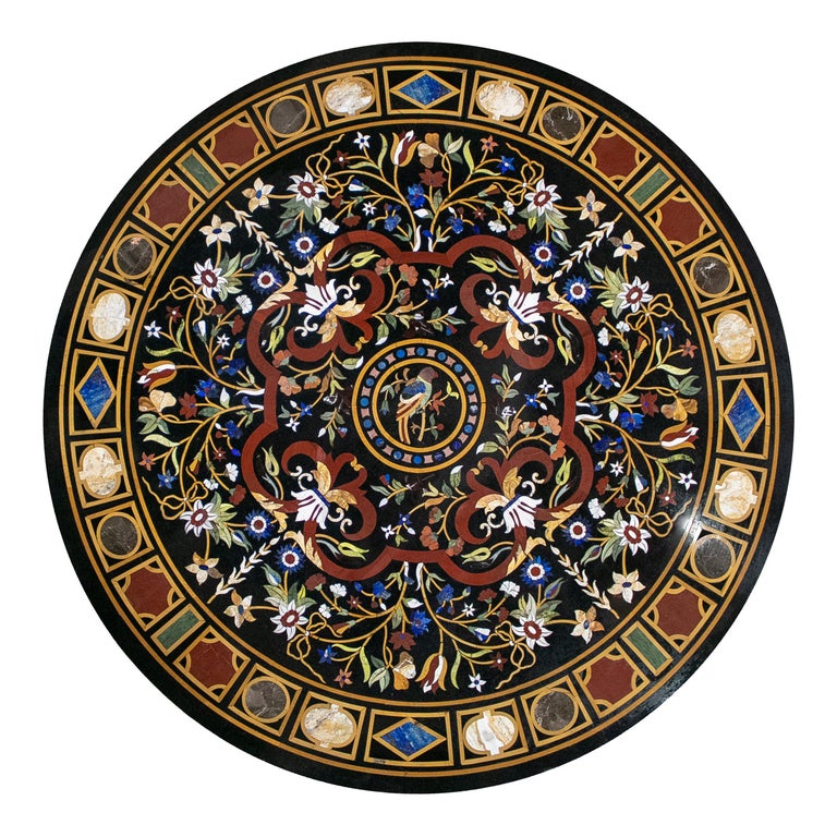Classical Italian Pietra Dura Stone Mosaic Black Marble Round Table Top For Sale