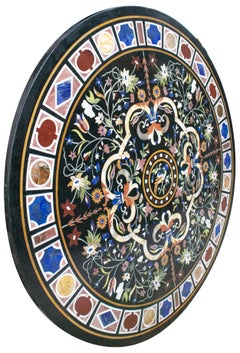 Classical Italian Pietra Dura Stone Mosaic Black Marble Round Table Top