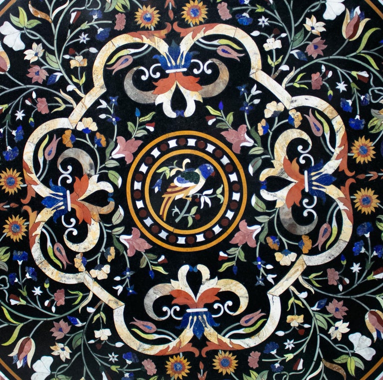 European Classical Italian Pietra Dura Stone Mosaic Black Marble Round Table Top For Sale