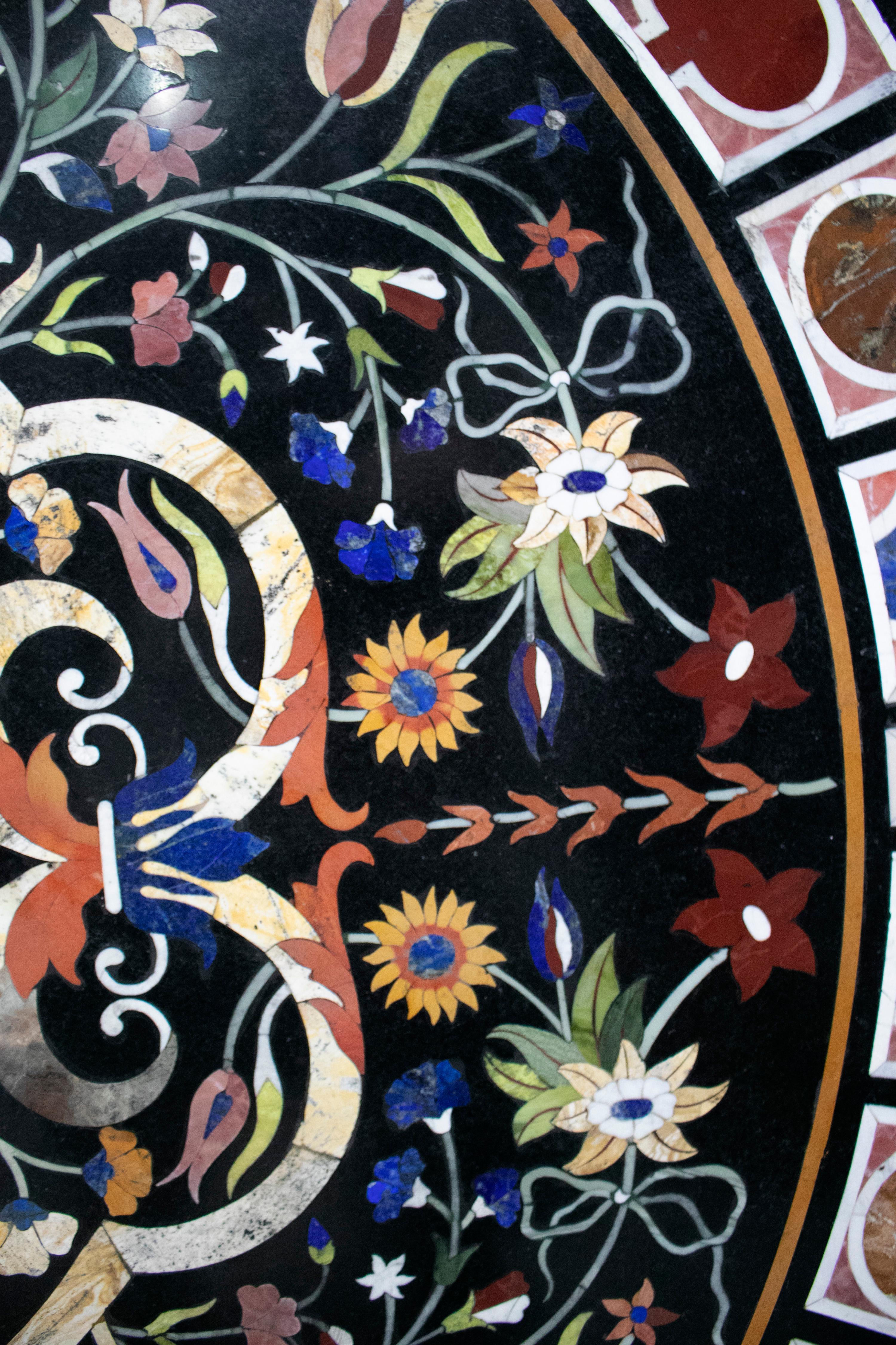 20th Century Classical Italian Pietra Dura Stone Mosaic Black Marble Round Table Top For Sale