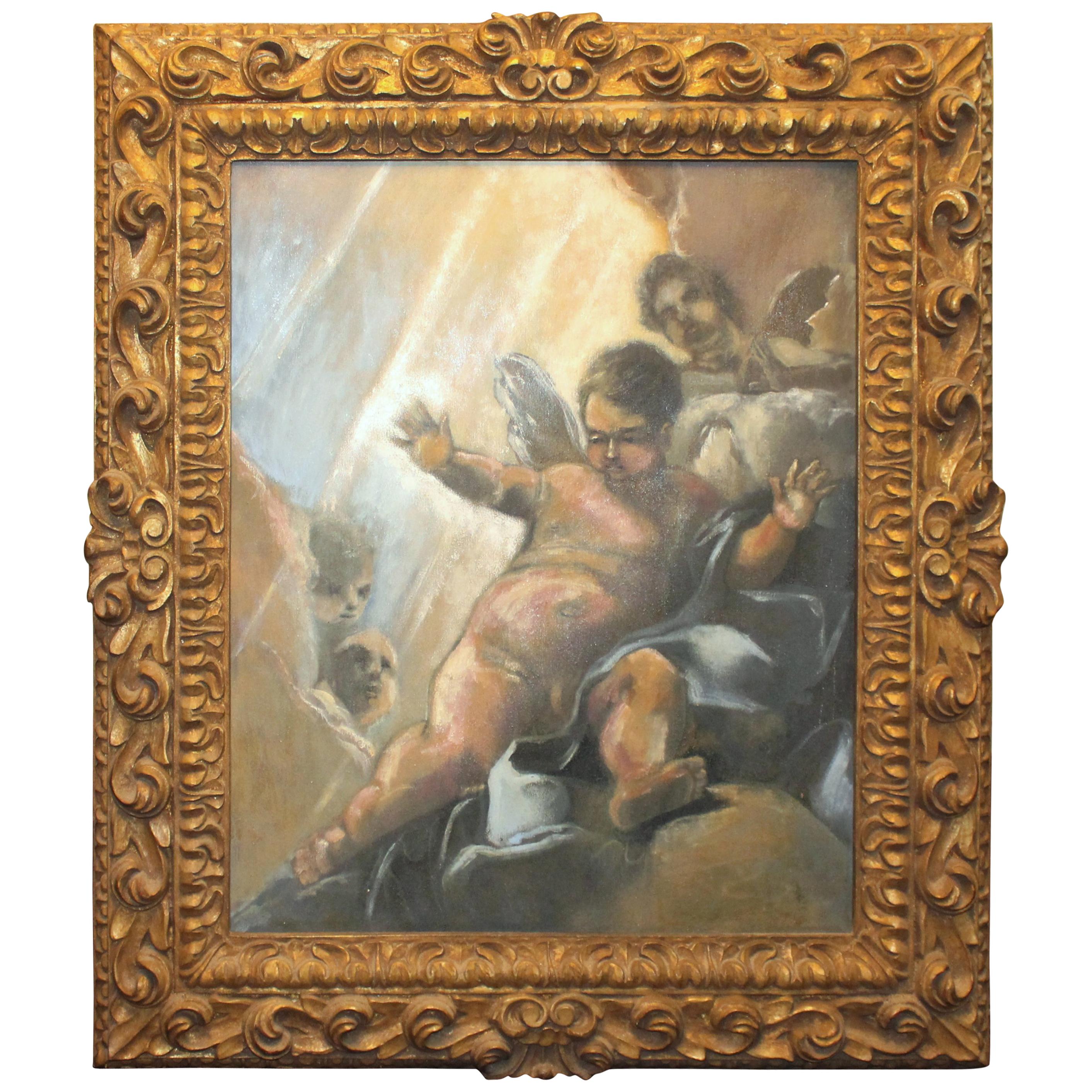 Classical Italian Style Painting of Cherub Set in Carved Wood Gilt Frame For Sale