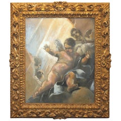 Classical Italian Style Painting of Cherub Set in Carved Wood Gilt Frame