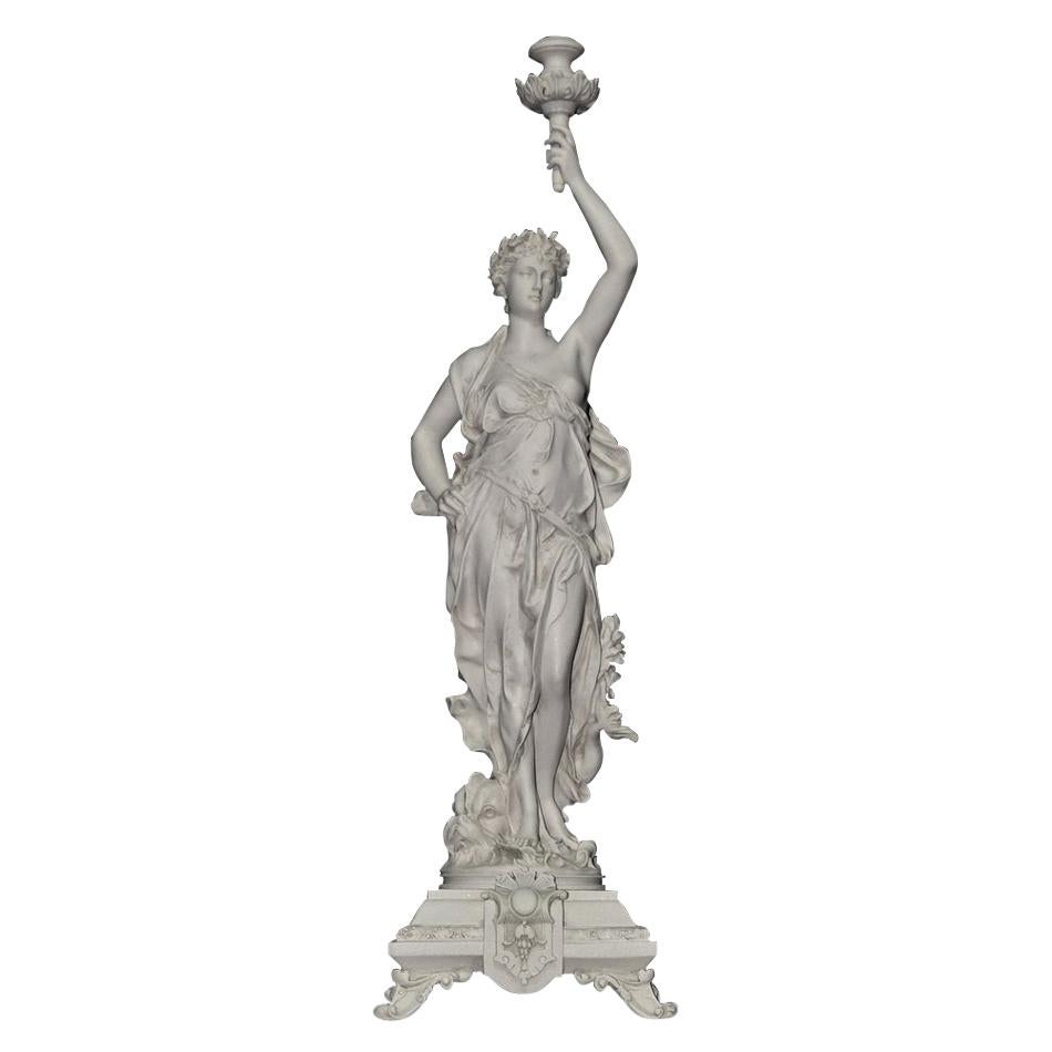 Classical Lady with Candle Mount Marble Sculpture, 20th Century For Sale