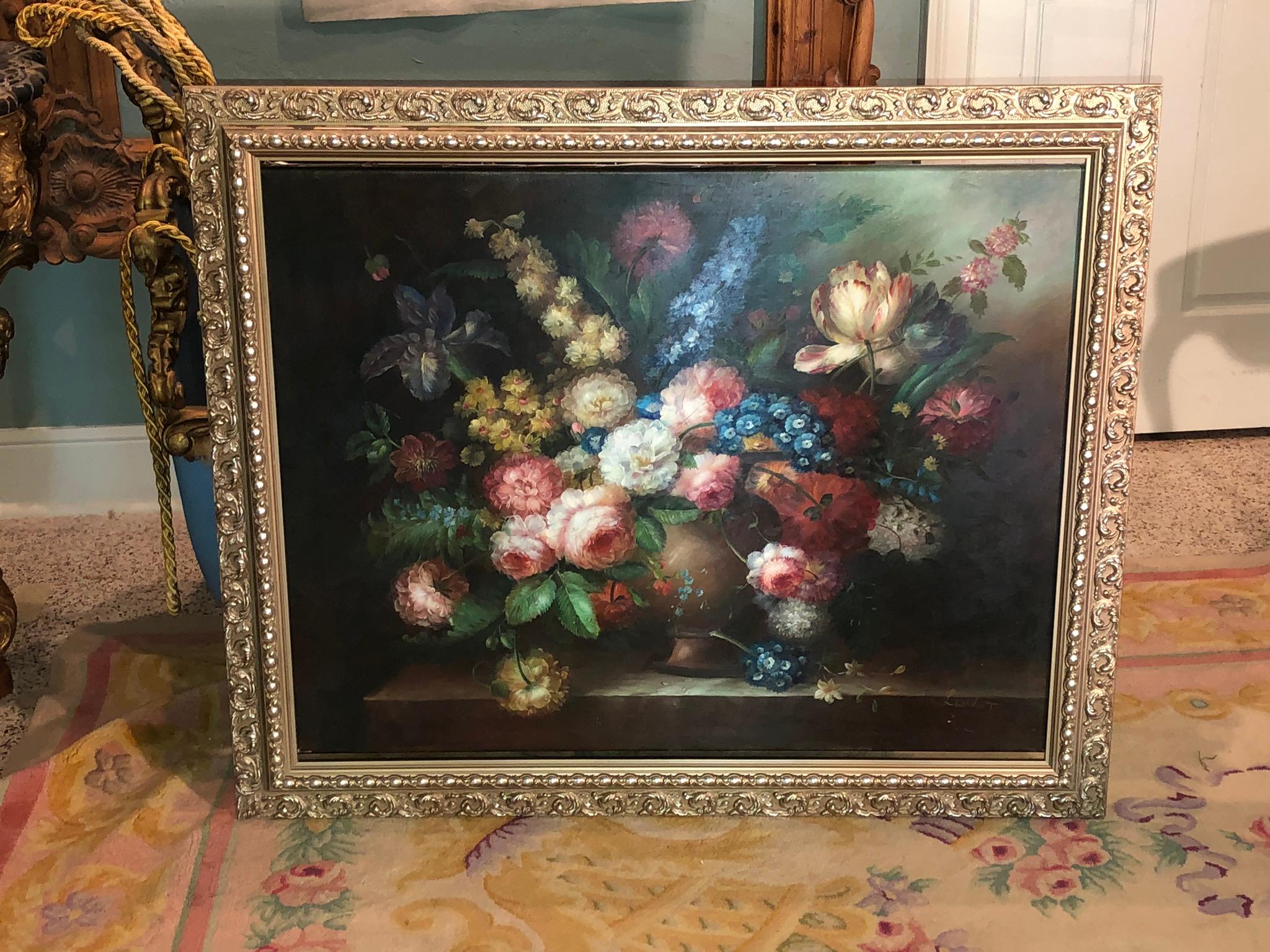 Classical Large Dutch Colonial Floral Still Life Oil Painting, 20th Century For Sale 4