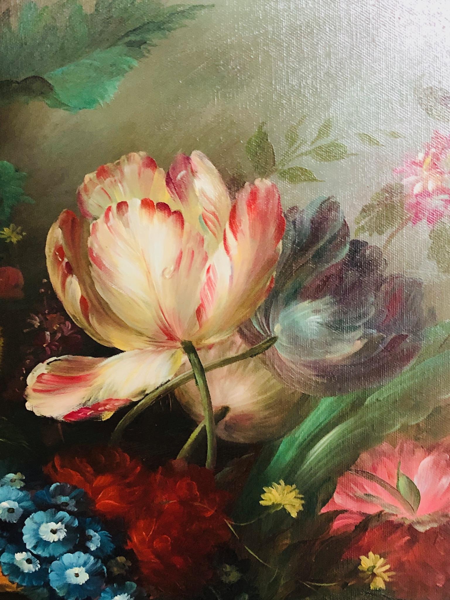 French Classical Large Dutch Colonial Floral Still Life Oil Painting, 20th Century For Sale